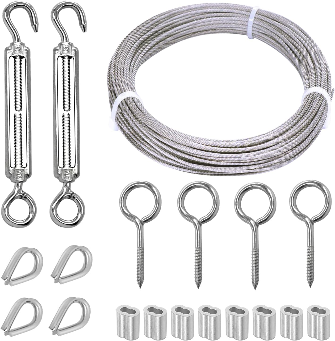 304 Stainless Steel 66ft Wire Rope Kit with M5 Turnbuckle Tension Hook