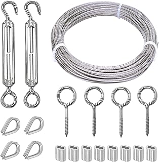KNLN/304 Stainless Steel 66ft Wire Rope Kit with M5 Turnbuckle Tension Hook and Eye Screw,1/16 Wire Rope Thimbles,Wire Rope Crimping Loop Sleeves for Cable Railing Clothesline DIY Balustrades etc