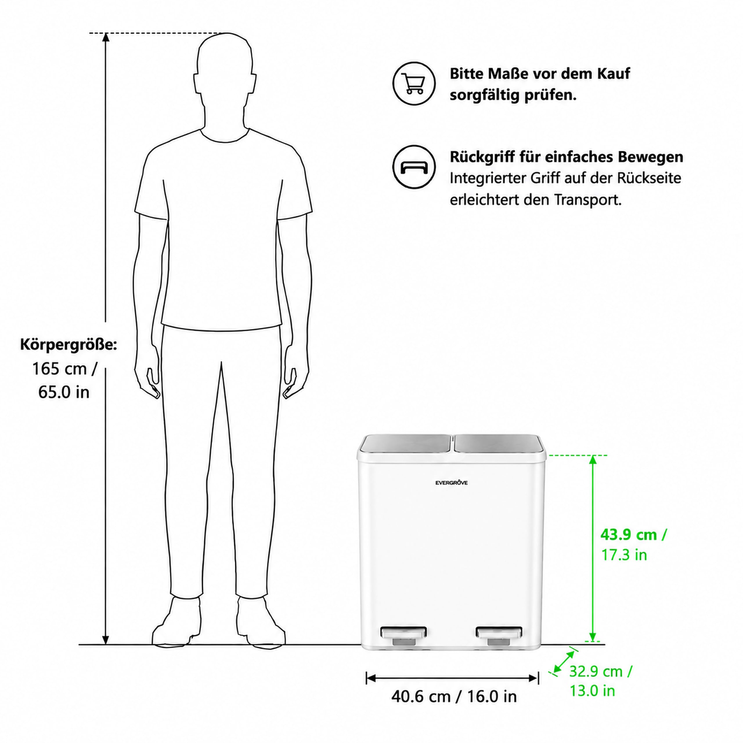 EverGrove 30-Liter-Mülltrennsystem, 2 x 15 L (Weiß) | Gehäuse, Deckel und Pedale aus Edelstahl; zwei PP-Inneneimer, sanft schließende Deckel und ein eingesetzter Geruchsfilter.