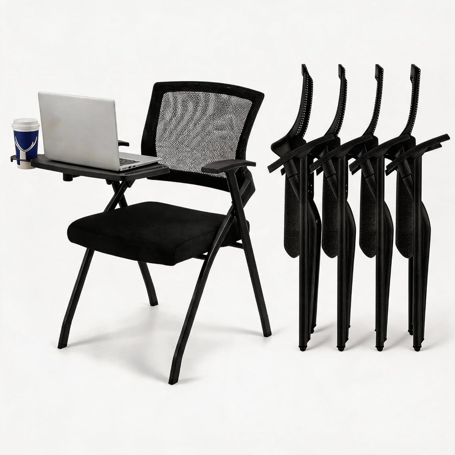 Folding Training Chairs with Desk Attached, Office Meeting Desk Chair with Writing Tablet and Cup Holder, Space-Saving Nesting Chairs for Conference Room,School, Seminar, Classroom