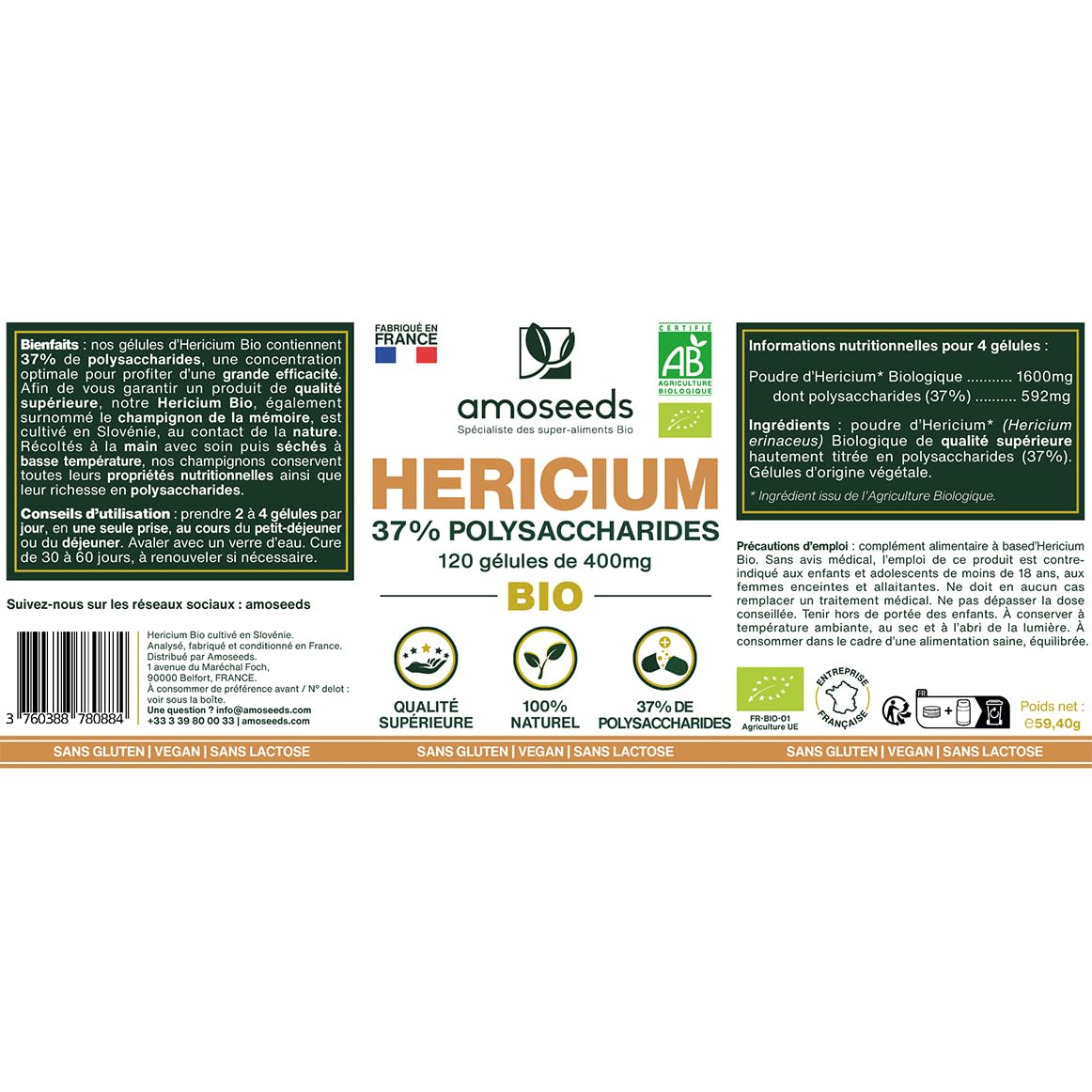Hericium Erinaceus BIO | Champignon de la Mémoire | Hautement Dosé, 37% Polysaccharides | 120 gélules vegan | Lion’s Mane, Vegan, Sans Additifs | Qualité Supérieure | Fabriqué en France