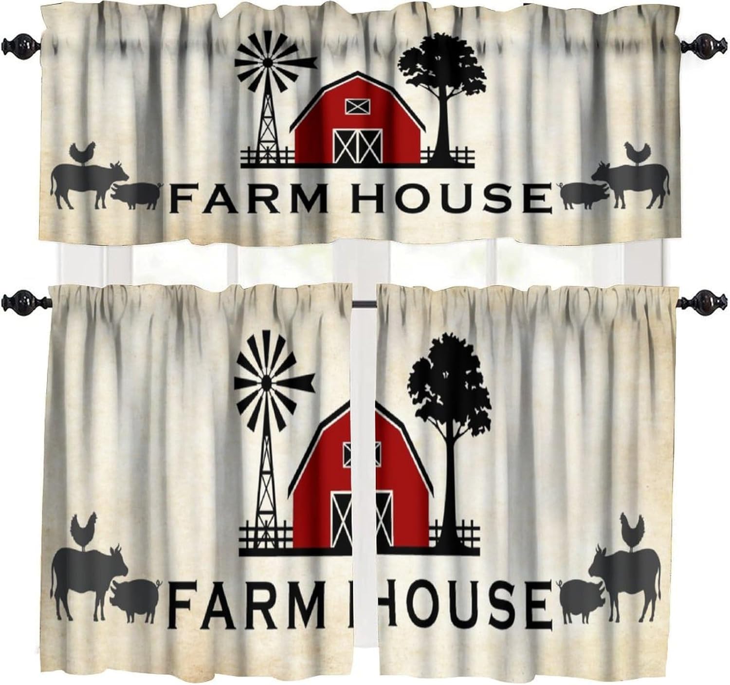 Rustic Kitchen Window Valance Curtains Vintage Farmhouse Animal Cow Pig Chicken Pattern Short Curtain for Kitchen Living Room Bathroom Windows W54xL18in + W27xL24in x2 (3 Piece)