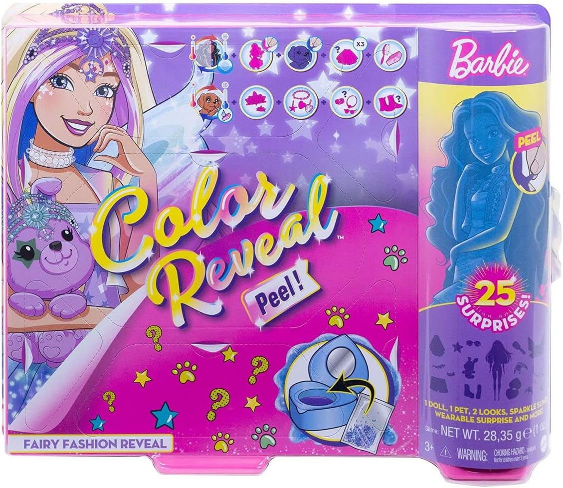 Color Reveal Peel Fairy Fashion Reveal Doll Set with 25 Surprises Including Blue Peel-able Doll & Pet & 16 Mystery Bags with Clothes & Accessories for 2 Fairy-Inspired Looks