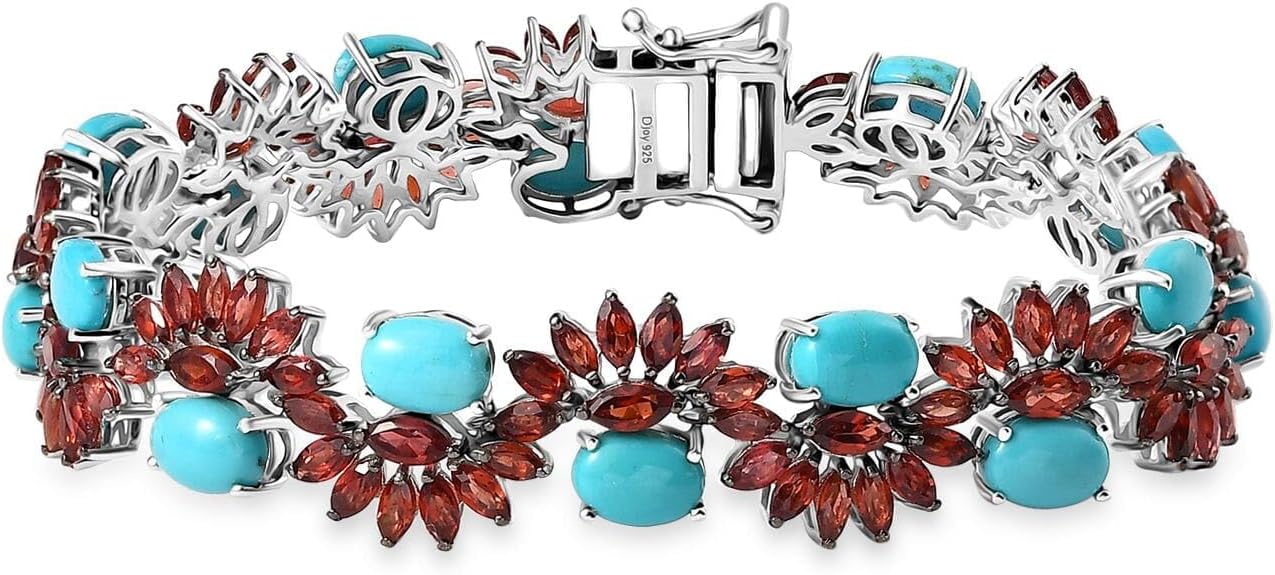 SHOP LC DELIVERING JOY Sleeping Beauty Turquoise Red Garnet Oval Rhodium Plated 925 Sterling Silver Bracelet for Women Jewelry Birthday Christmas Gifts Size 7.25 Inches Ct 23.47