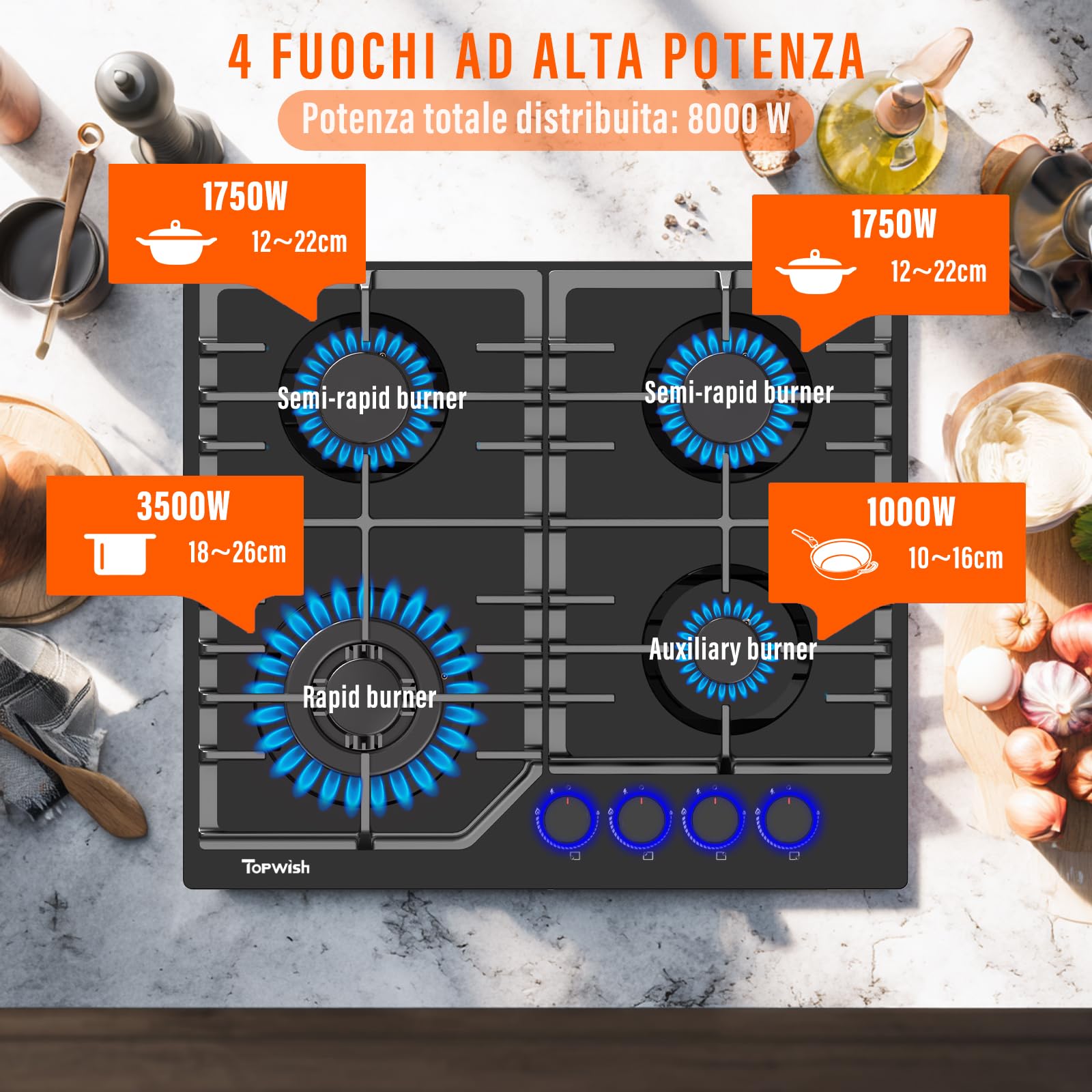TOPWISH piano cottura gas incasso, piano cottura 4 fuochi gas, con Blu manopole illuminate, NG/LPG convertibile, protezione flame-out, accensione elettronica, 8000 Watt