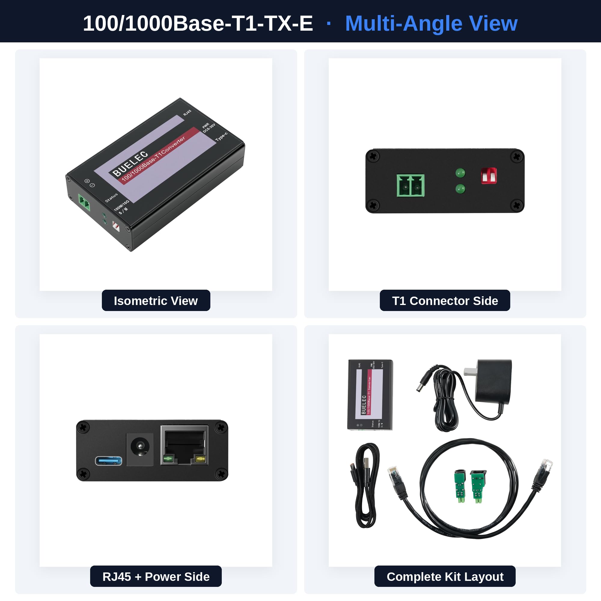 100/1000Base-T1-TX-E Automotive Ethernet Medienkonverter – 1 Gbit/s T1 auf RJ45 Adapter, Marvell 88Q2112 + RTL8211FI, Terminalblock + TE MATEnet/HMTD Adapter, Typ-C/DC Power