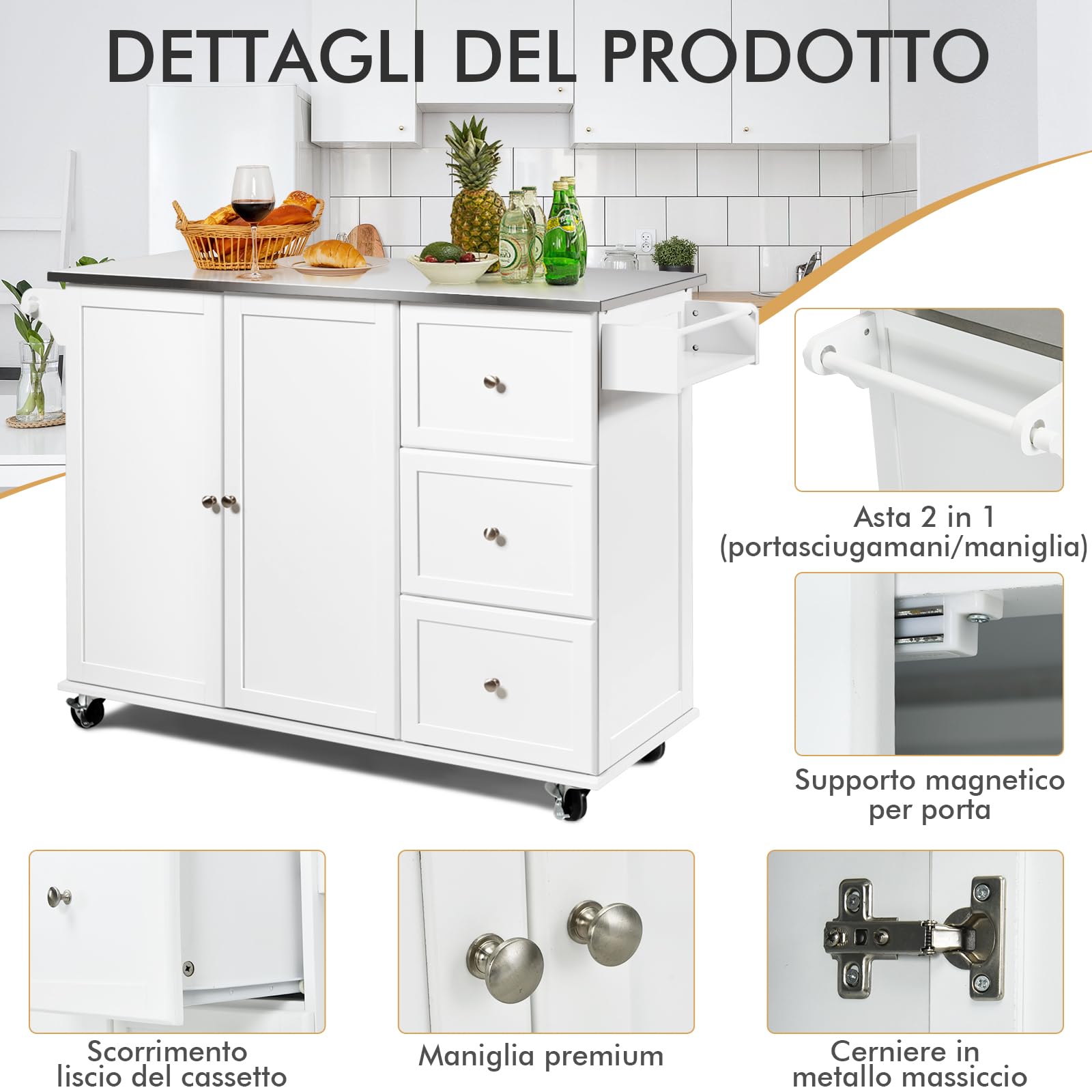 COSTWAY Carrello da Cucina, Isola da Cucina con Piano in Acciaio Inox, Armadietto a 2 Ante e 3 Cassetti, Ripiani Regolabili e Portasciugamani e Portaspezie, 135x45,5x 91,5 cm (Bianco)
