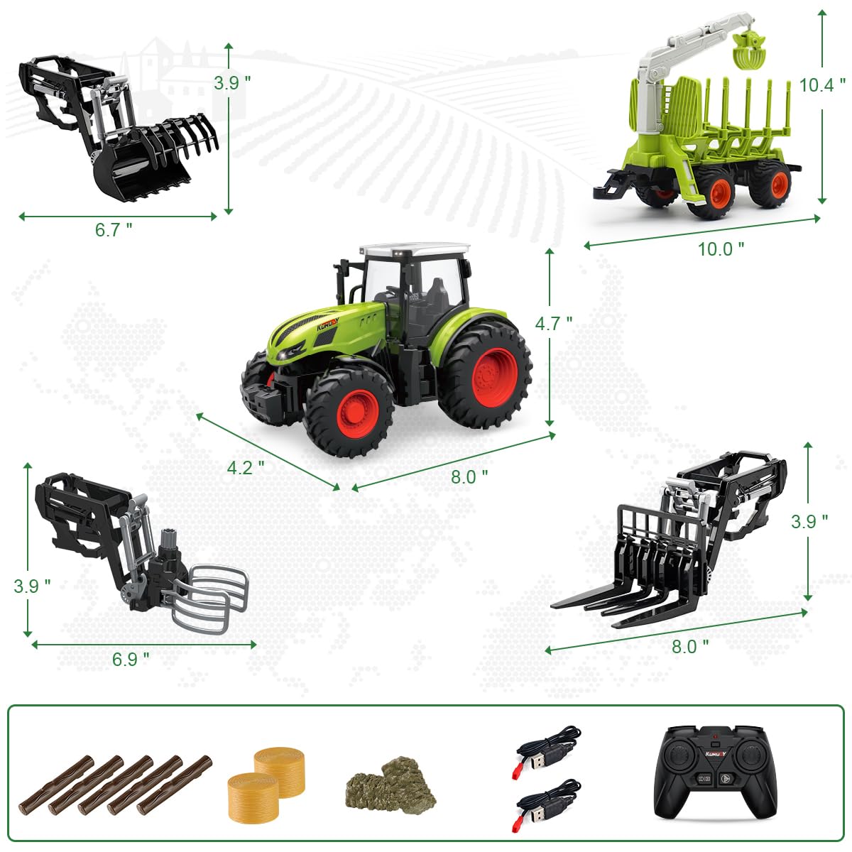 fisca Ensemble de Tracteur télécommandé, Comprenant Un Tracteur, Une Benne en Bois, Un Bras de Benne, Un Chariot élévateur et Un Bras de Chargement, adapté aux Enfants âgés de 5 Ans et Plus.