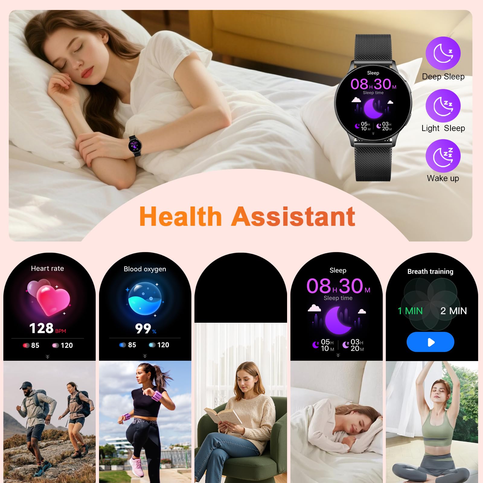 Smartwatch Rund Herren, 120+Sportmodi Sportuhr Damen IP68 Wasserdicht Paare