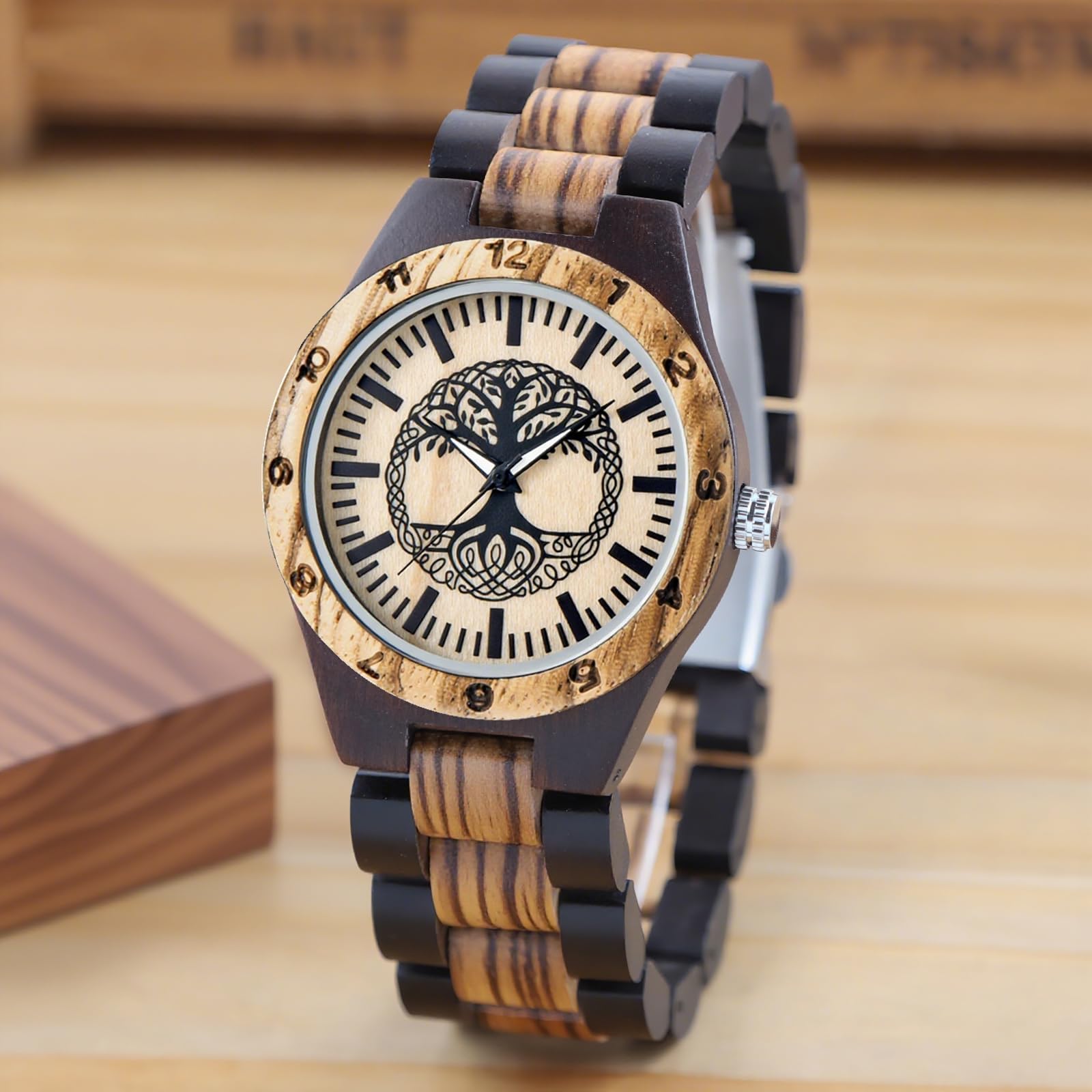 Tiong Damen Holzuhr Bunte Bambus Holzuhren Analoge Quarz Damenuhren für Frauen Verstellbar Holz Leichte Armbanduhr