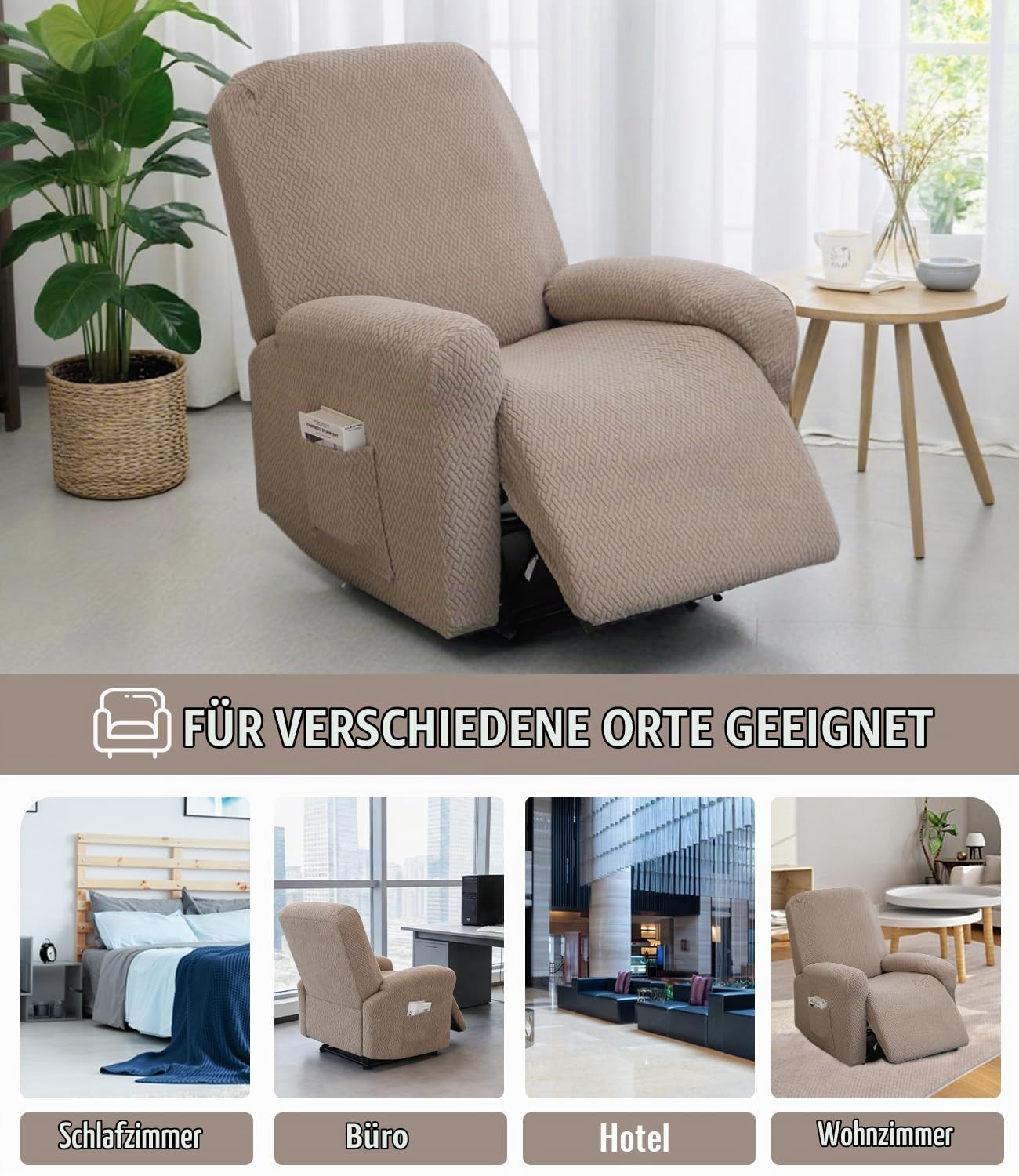 sesselschoner für Relaxsessel 1 Sitzer, 4-Teilig Jacquard Khaki Sesselschoner für Fernsehsessel und Relaxsessel mit Taschen, Stretch Sesselbezug mit armlehne