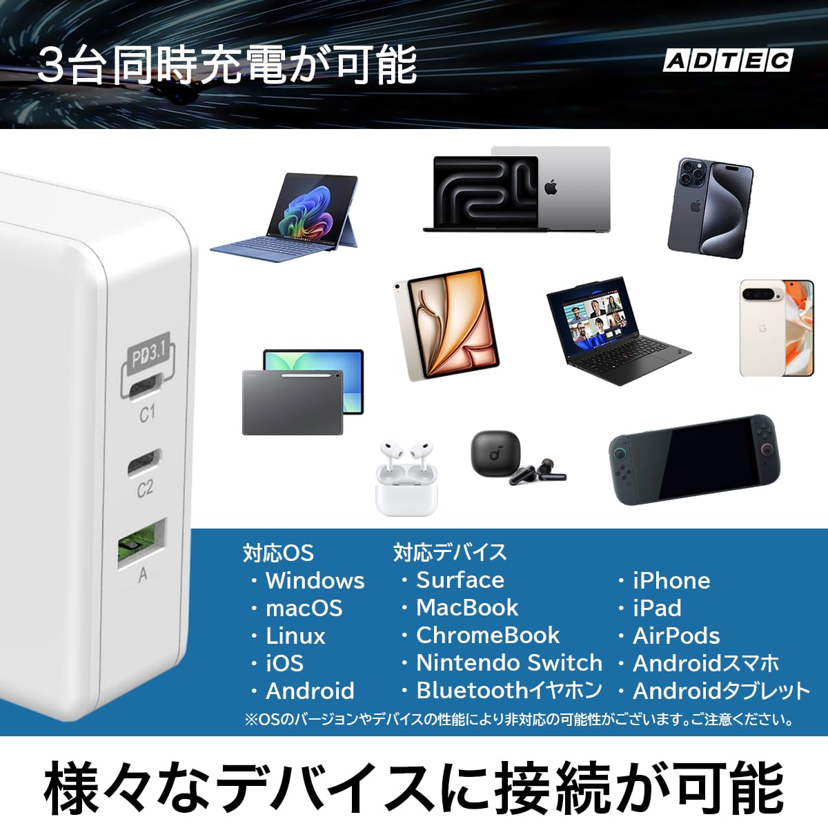 Amazon.co.jp: アドテック 140W PD3.1充電器 3ポート(USB-Cx2+USB-A