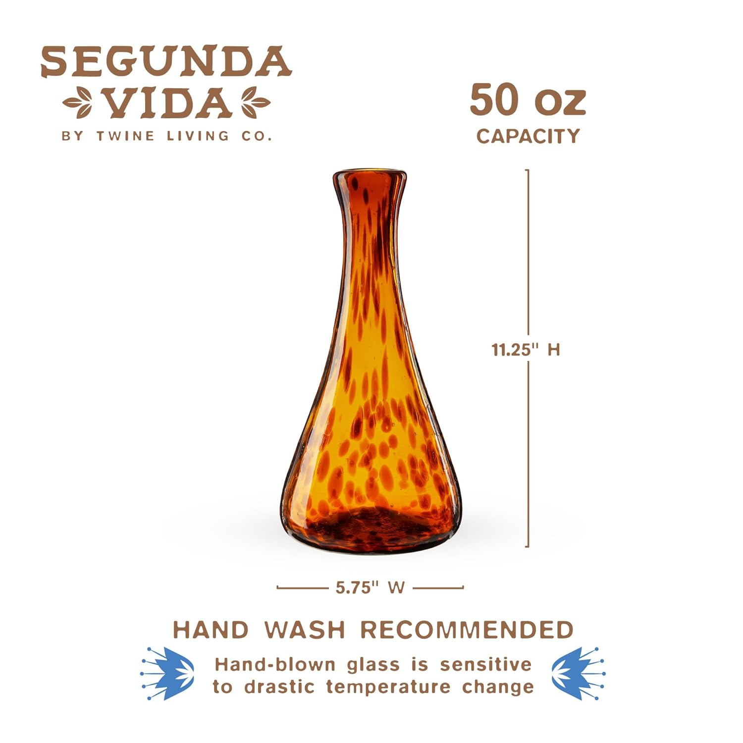Segunda Vida Tortuga Tortoise Shell colored Decanter - Hand Blown Decanter 100% Recycled Glass Wine Carafe - Amber Fits 1 Standard Wine Bottle, 50oz, Set of 1