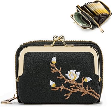 Womens Pebble Leather Wallet, 2-in-1 Zip-Around Credit Card Holder with Kiss Lock Coin Purse, Cute Change Purse with Secure Clasp & Card Slots Black, Small