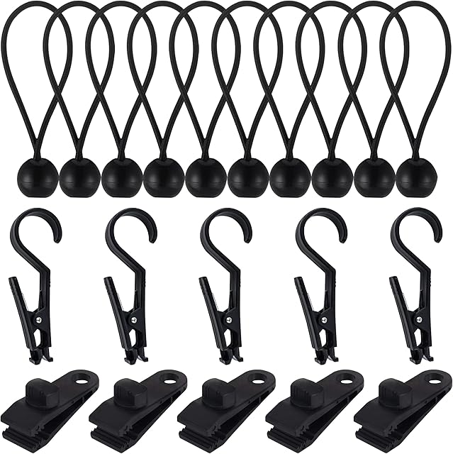 VENGABY 10PCS Tarpaulin Bungee Balls Tarp, 5PCS Tent Canopy Clip Light Hooks, 5Pcs Tarp Clip Clamp with Thumb Screw, Carabiner for Fixing Tarps, Awnings, Tarpaulin, Outdoor Camping, Caravan Canopies