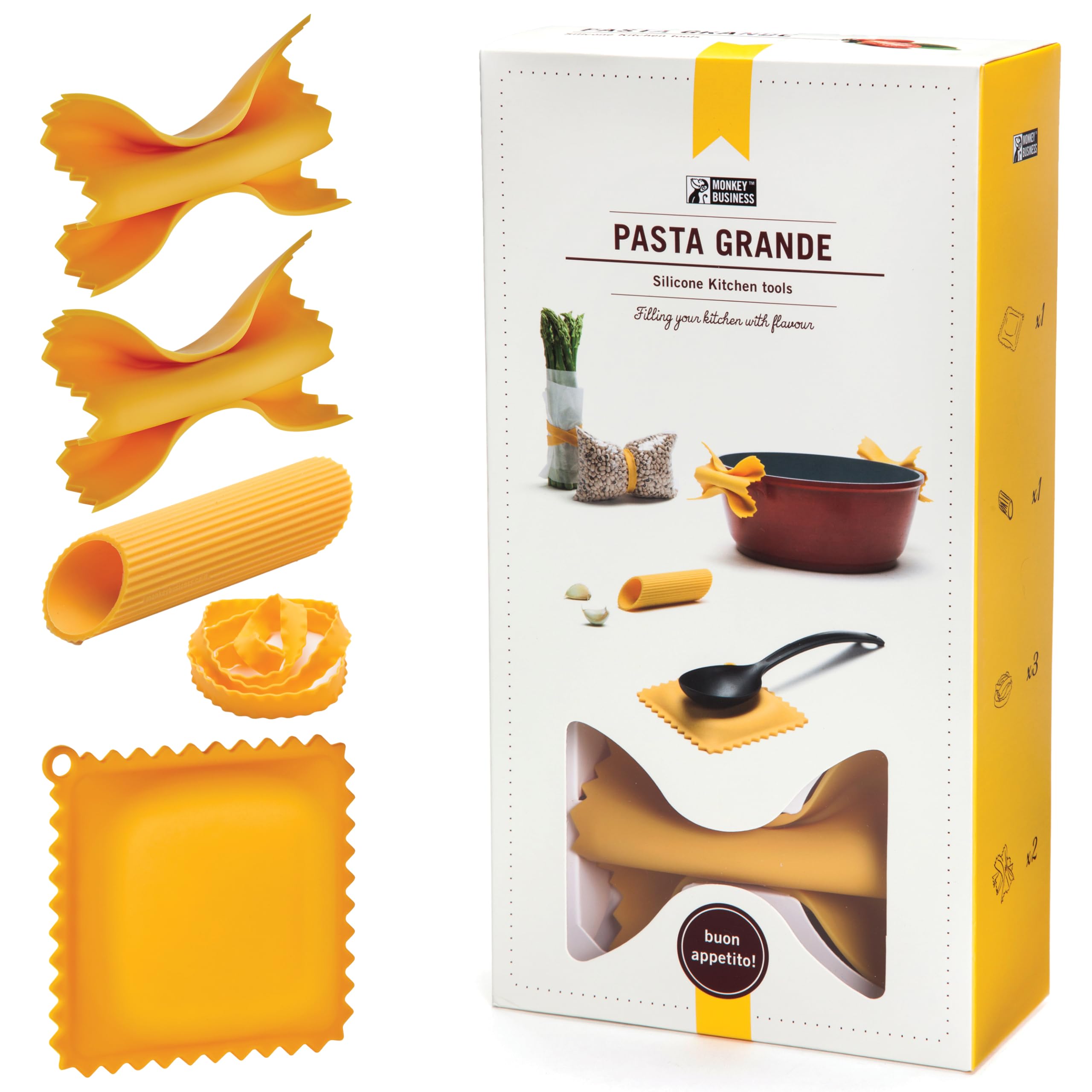 Pasta Grande - Fun Pasta Shaped Silicone Kitchen Tools in a Gift Box / 4 of our Pasta-shaped kitchen gadgets in one festive giftbox/Farfalloni, Ravioli, Penneli & Mafaldine/by Monkey Business