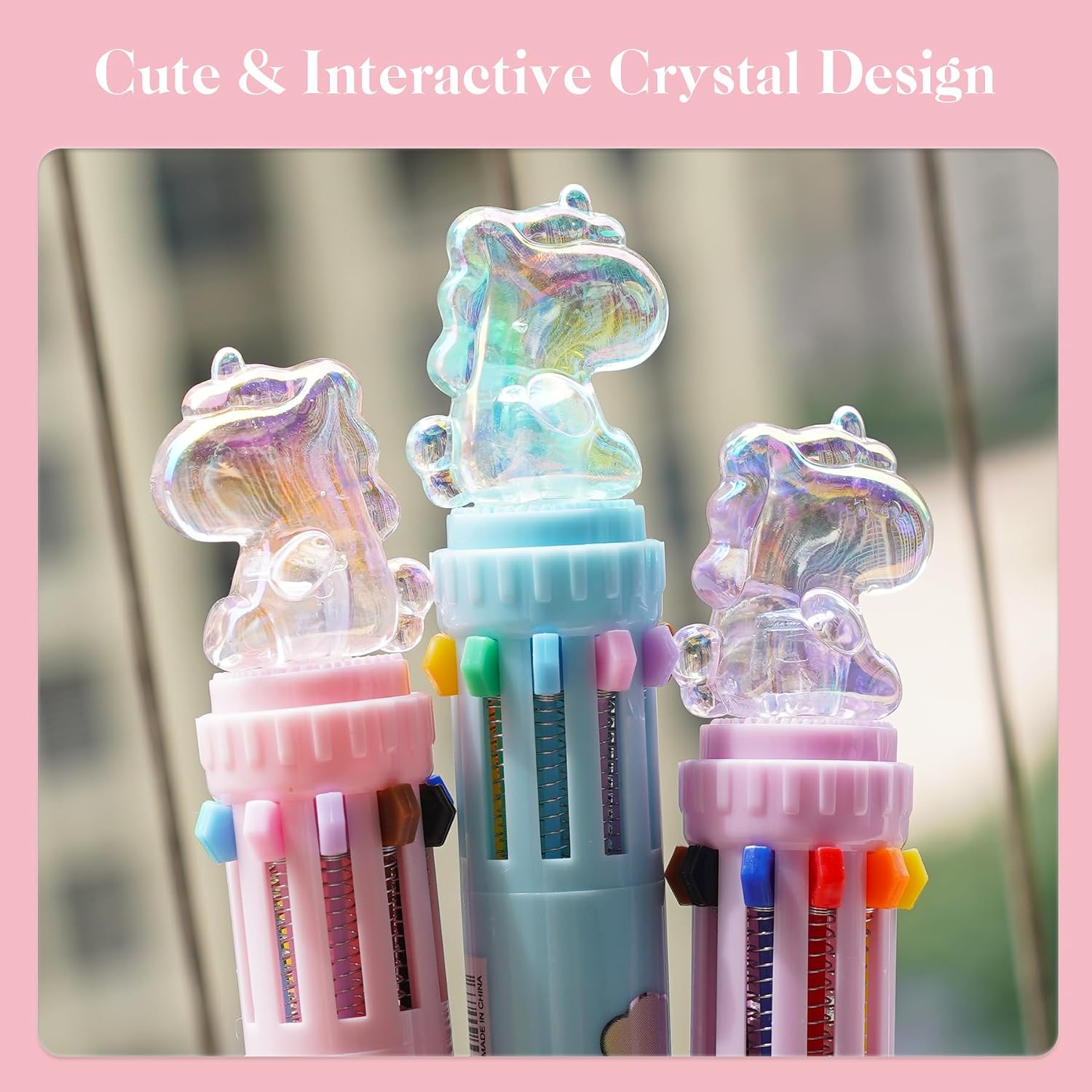 3-Pack Multi Color Pens All in One, 0.7 mm 10-in-1 Multicolor Ballpoint Pens with Crystal Toppers, Transparent Pouch, Ideal for Students, Office & Creative Gifts (Crystal Unicorn) image 3