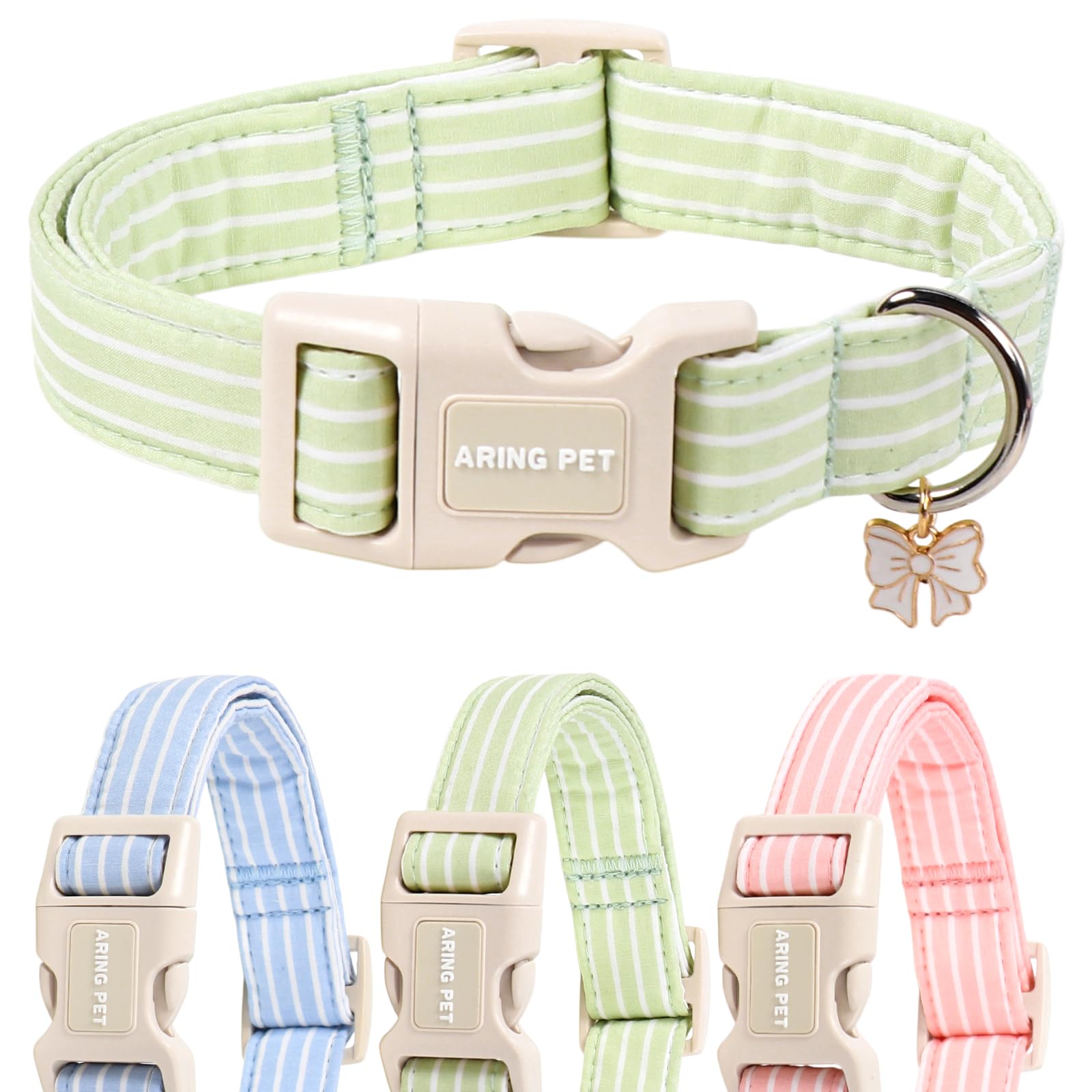 ARING PET Stripe Dog Collar, Cute Spring Summer Green Stripe Dog Collaret with Bow Charm for Puppies, Small, Medium and Large Dogs - Boys and Girls - S — image 1
