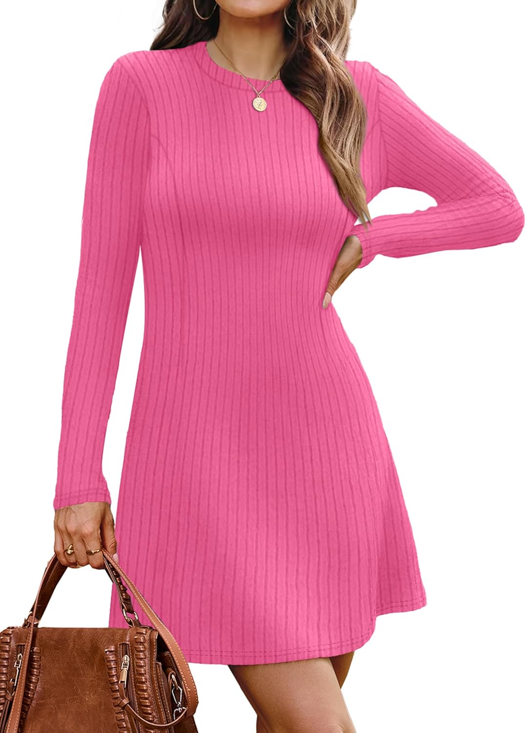 OFEEFAN Fall Dresses for Women 2025 Long Sleeve Crew Neck Sweater Dress