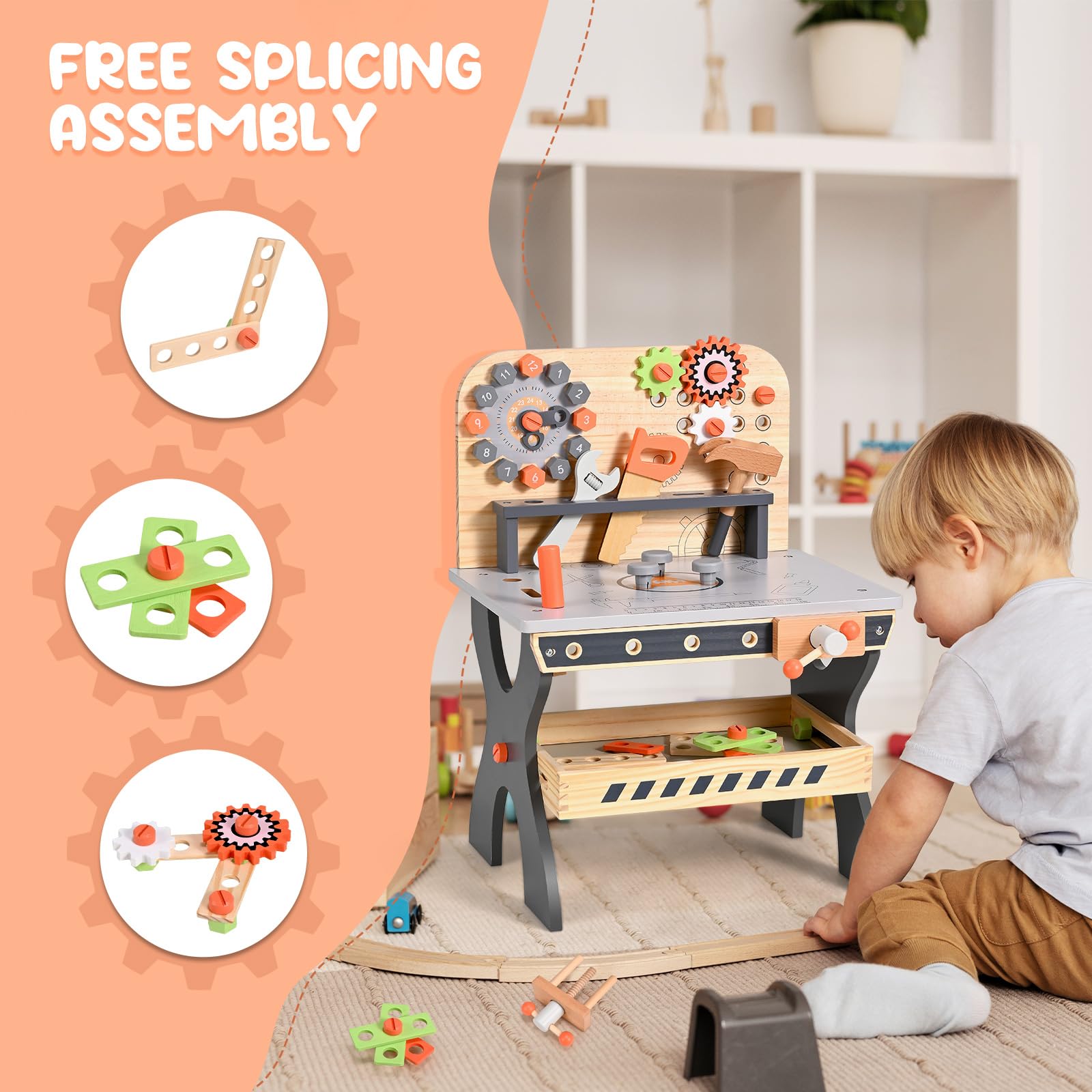 Établi en Bois pour Enfants, Outils de Jeu Banc à Outils en Bois Multifonction Maintenance des simulations Tableau d'outils de démontage des vis et écrous pour Les 3 Ans et Plus