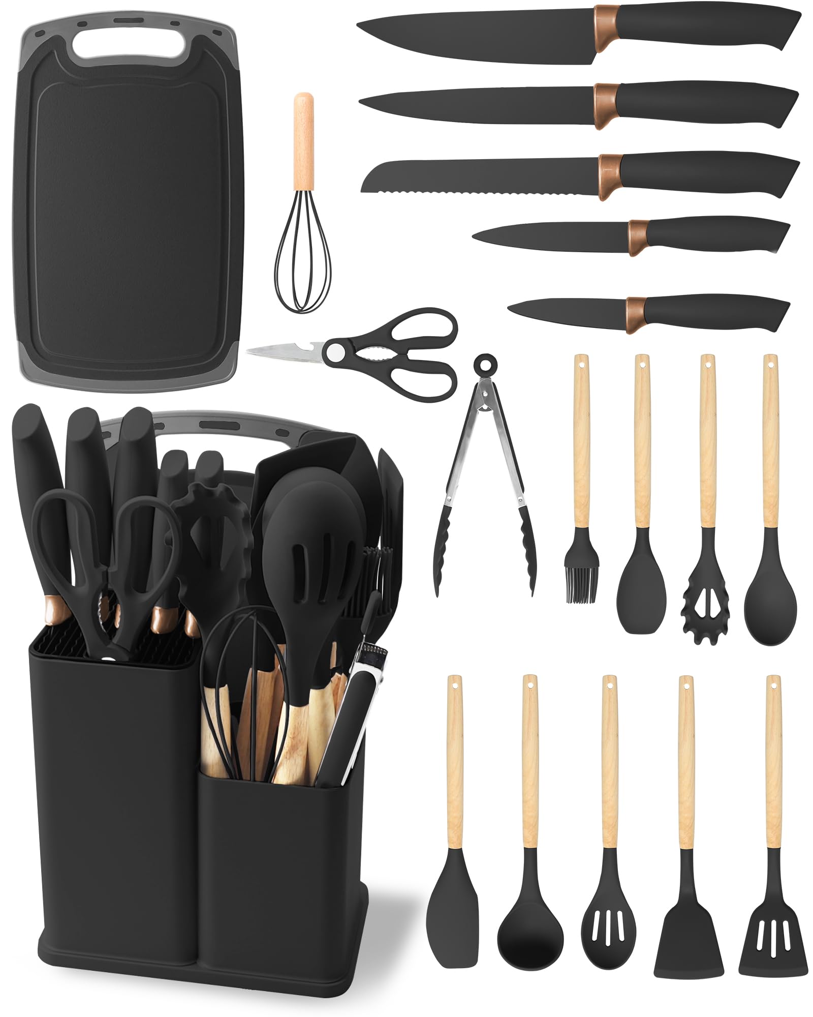 19 Pezzi Set di Coltelli da Cucina - Utensili da Cucina in Silicone con 5 Coltelli per Pentole Antiaderenti, con Scatola di Stoccaggio
