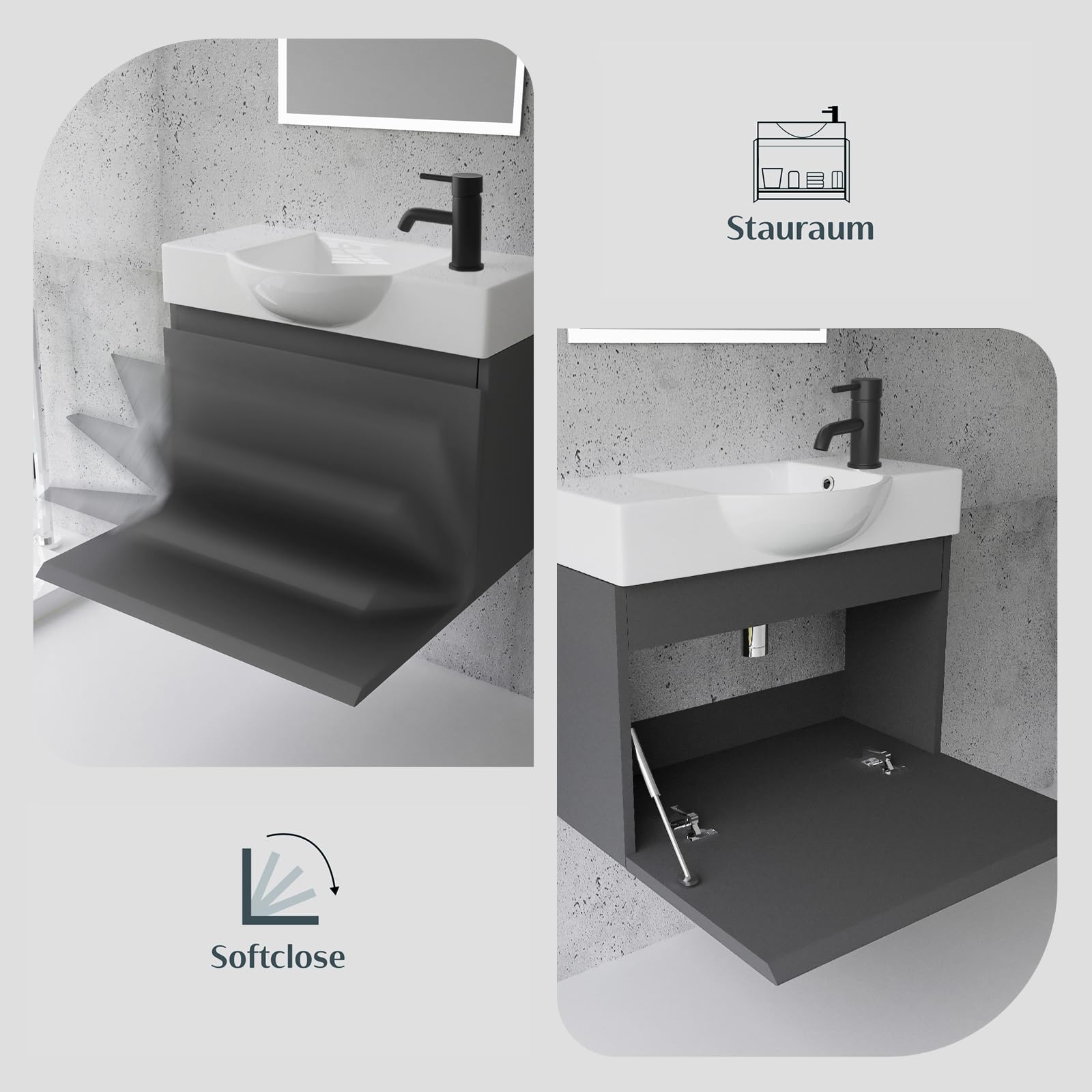 Alpenberger Badmöbel Set mit Waschbecken | Badschrank Hängend | Waschtisch mit Unterschrank | Badezimmerschrank mit Spiegel | Badmöbel für Kleine Bäder + Gäste WC | Waschtischunterschrank Anthrazit