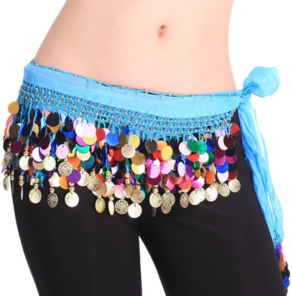 VRITRAZWomen's Chiffon Belly Dance Hip Scarf Waistband Belt Skirt Mixed Colors Beads and Golded Coins