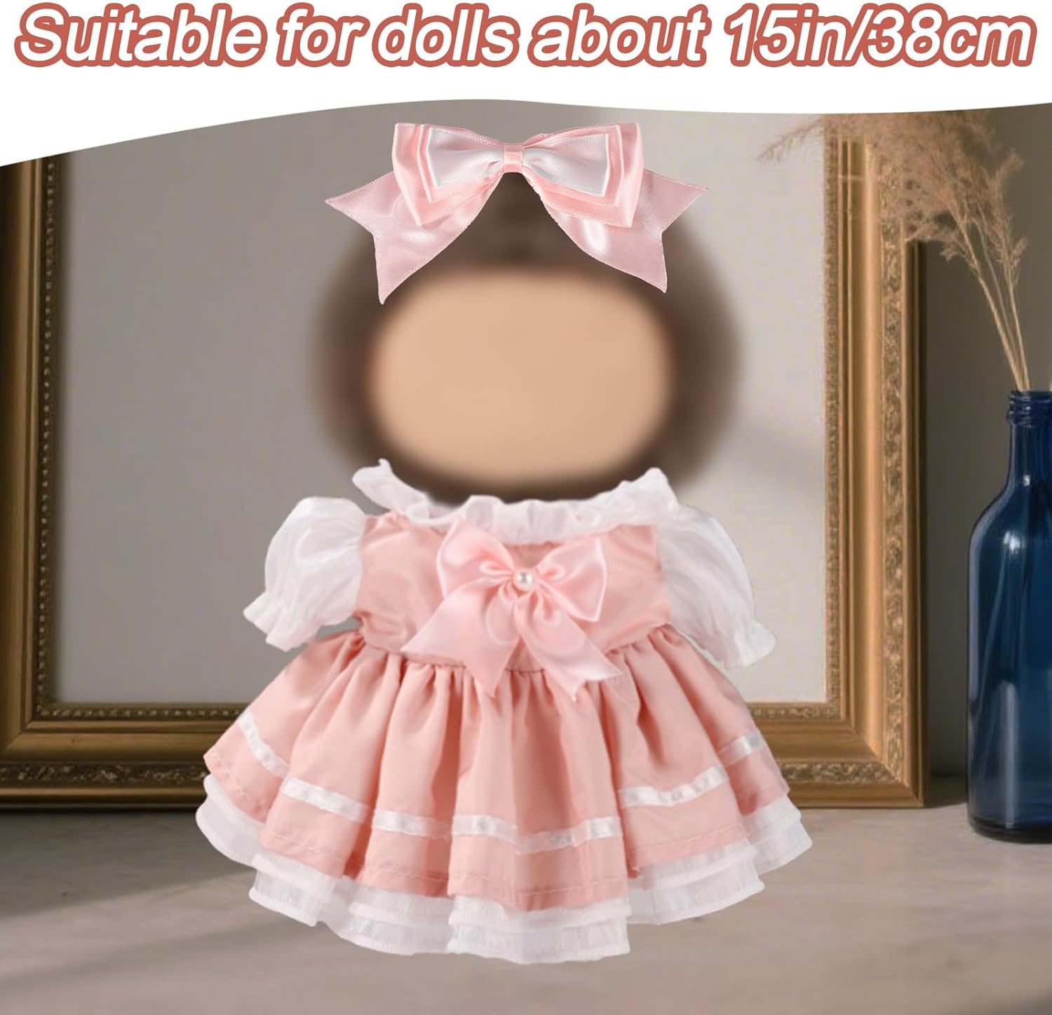 2pcs 15in Doll Clothes Set, Include 1pcs Bow Clip and 1pcs Bow Dress Cute Outfits and Accessories No Doll Included(Pink)