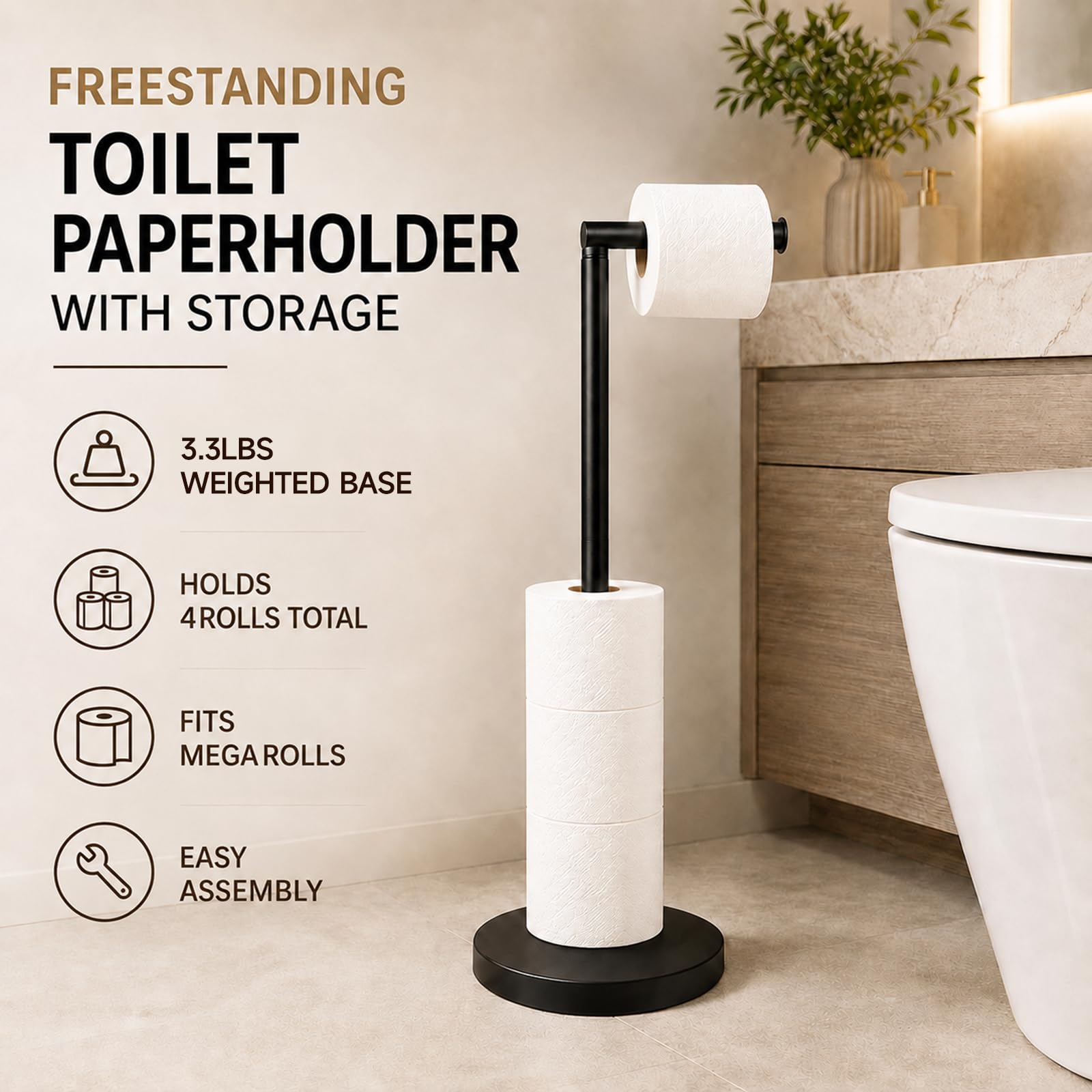 Matte Black Freestanding Toilet Paper Holder Stand, 3.3 lbs Base — Amazon image 7
