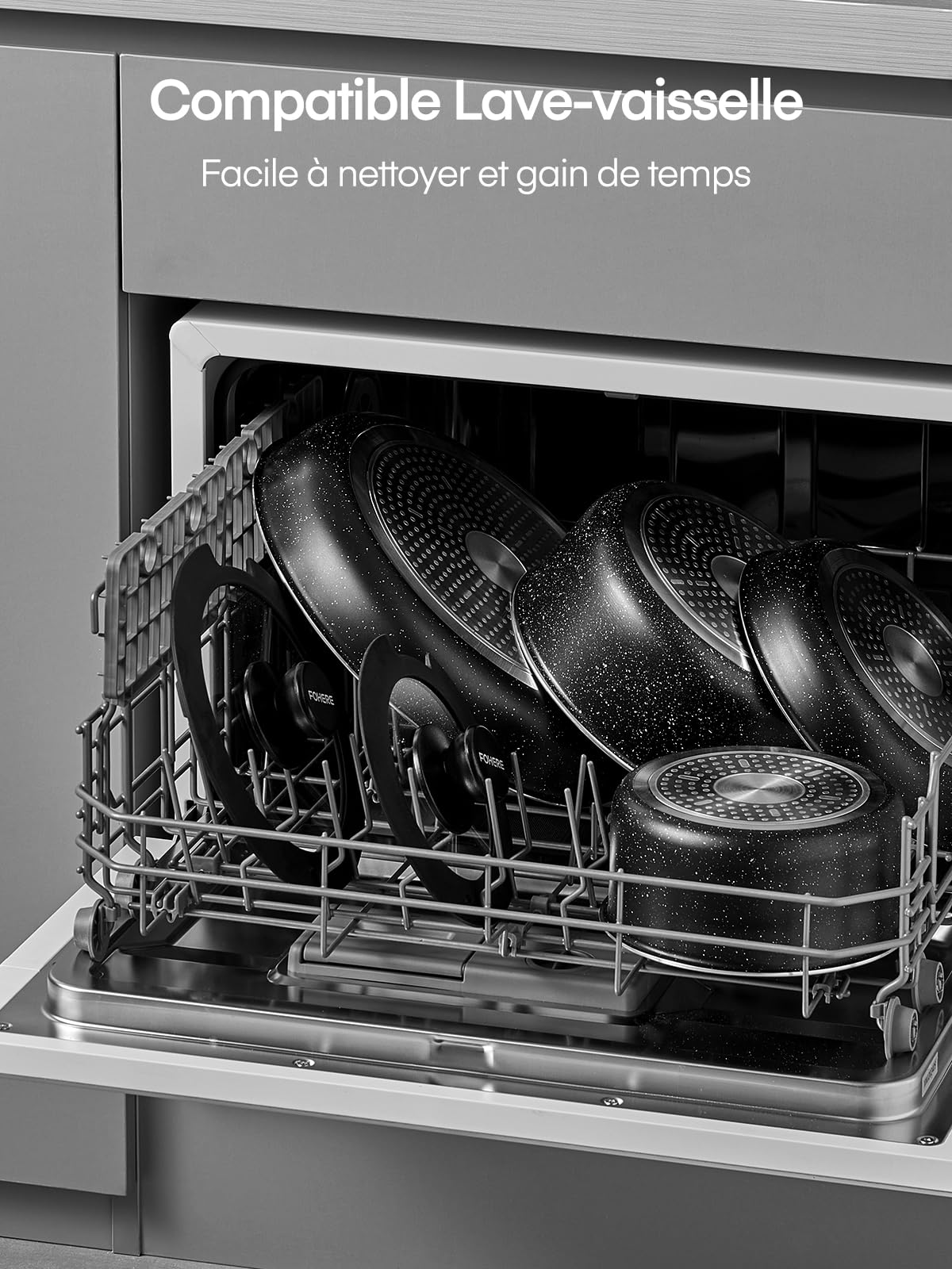 FOHERE Set Poêle et Casserole Induction 8 Pièces avec 2 Poignées Amovibles | Avec 2 Couvercle, Poêles 20/28 cm, Casserole 16/20 cm, Tous Feux Dont Induction, Revêtement Antiadhésif, Aluminium