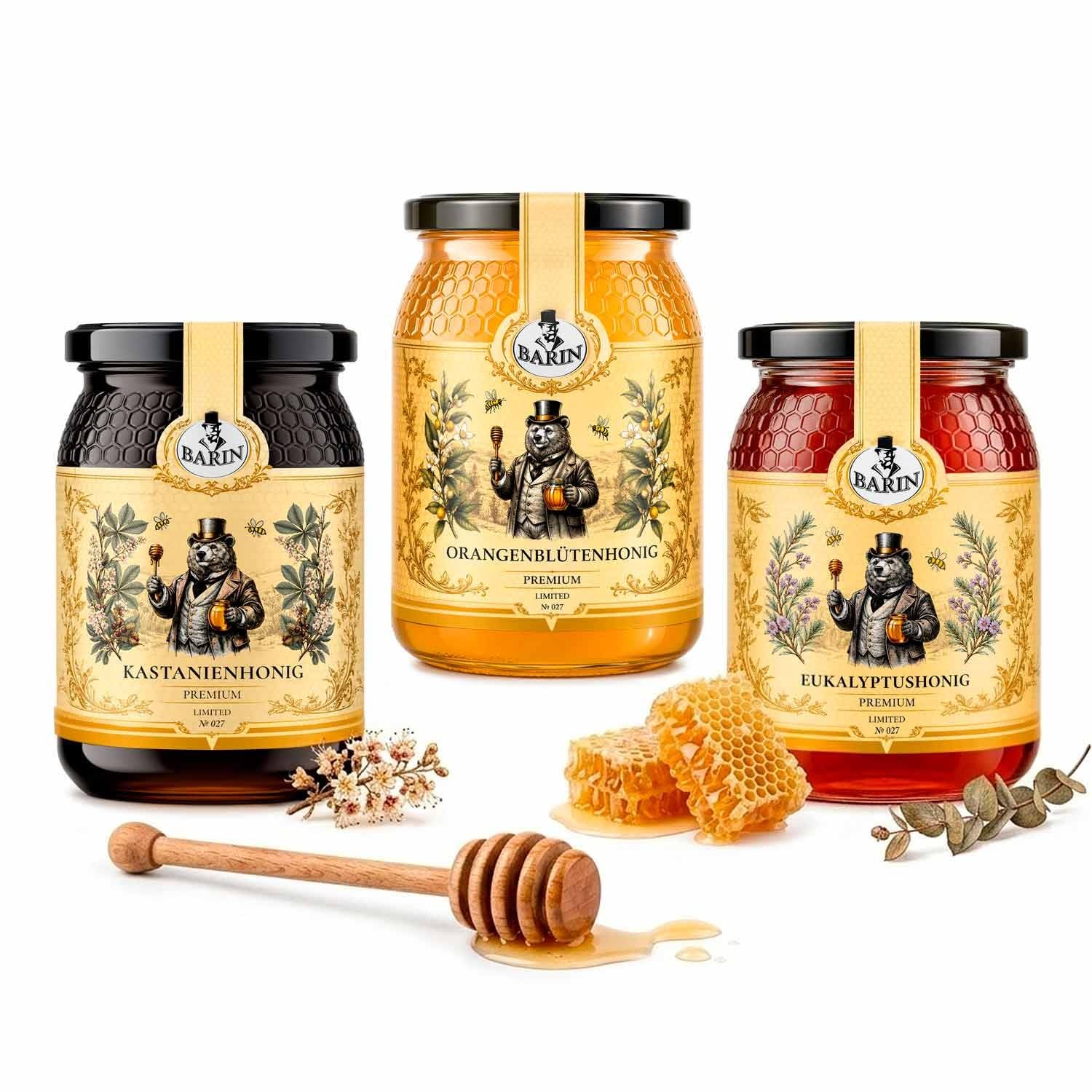 BARIN Honig Probierset „IMMUNE BOOST“ 3 Sorten Premium Sortenhonig aus Portugal (3 × 500 g) | Orangenblüten-, Eukalyptus- & Kastanienhonig | laborgeprüft, naturbelassen, ohne Zuckerzusatz
