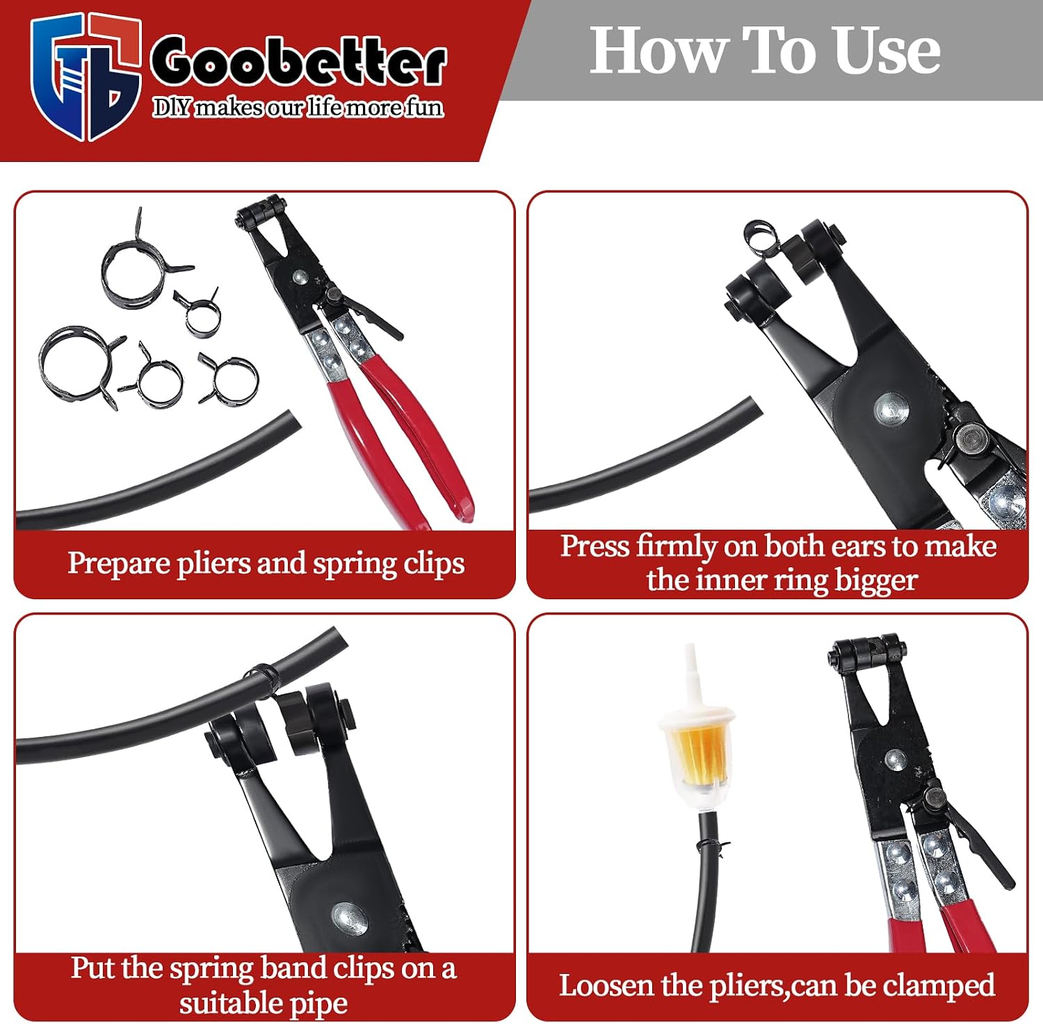 100Pcs Spring Hose Clamps 10-21mm 5 Sizes, Fuel Line Water Pipe Air Tube Silicone Vacuum Clamp with Pliers, Low Pressure Durable Fastener for Automotive & Plumbing