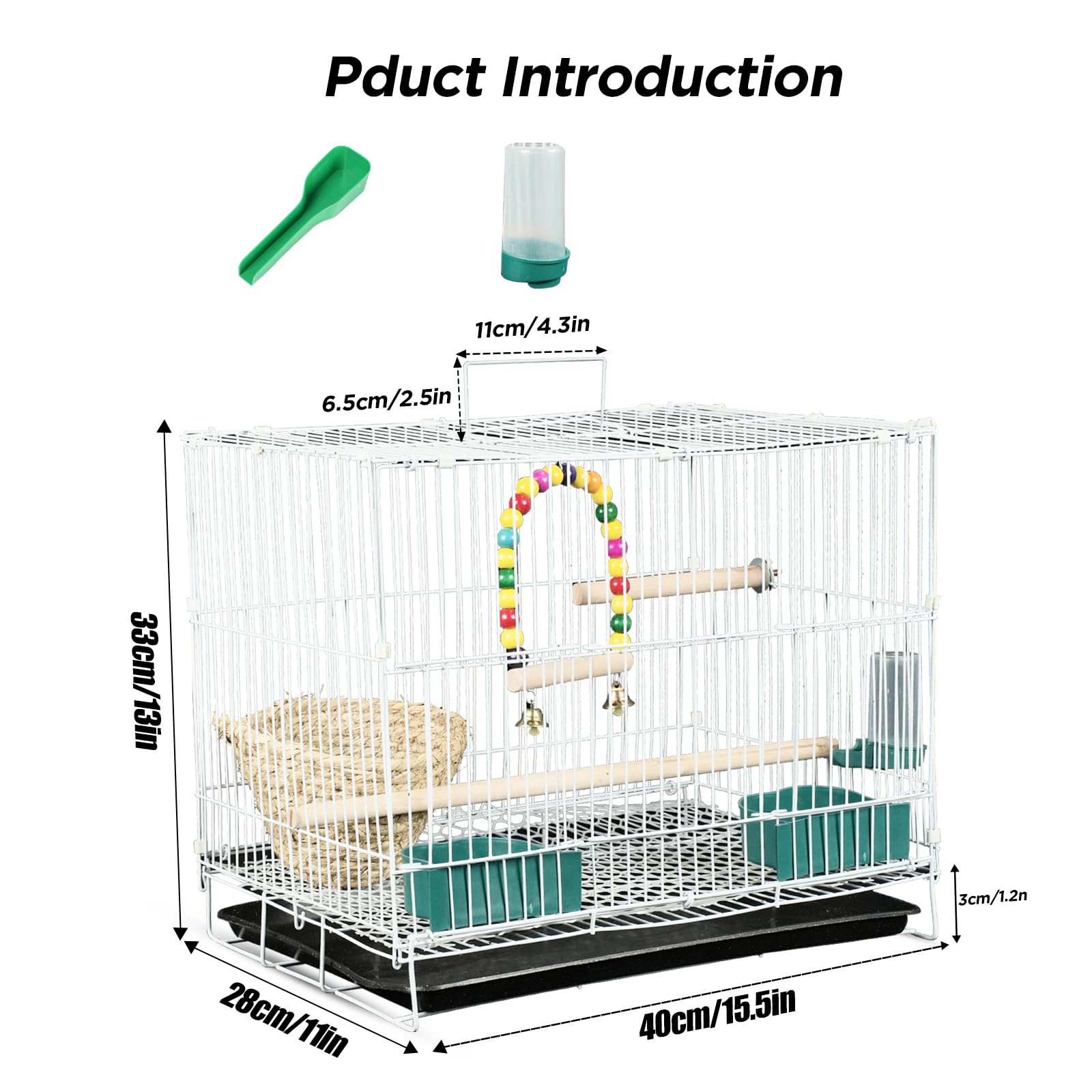 Cage à oiseaux pour calopsittes, perruches, inséparables, canaris, en métal blanc avec support, balançoire et gamelles, petite cage à oiseaux portable