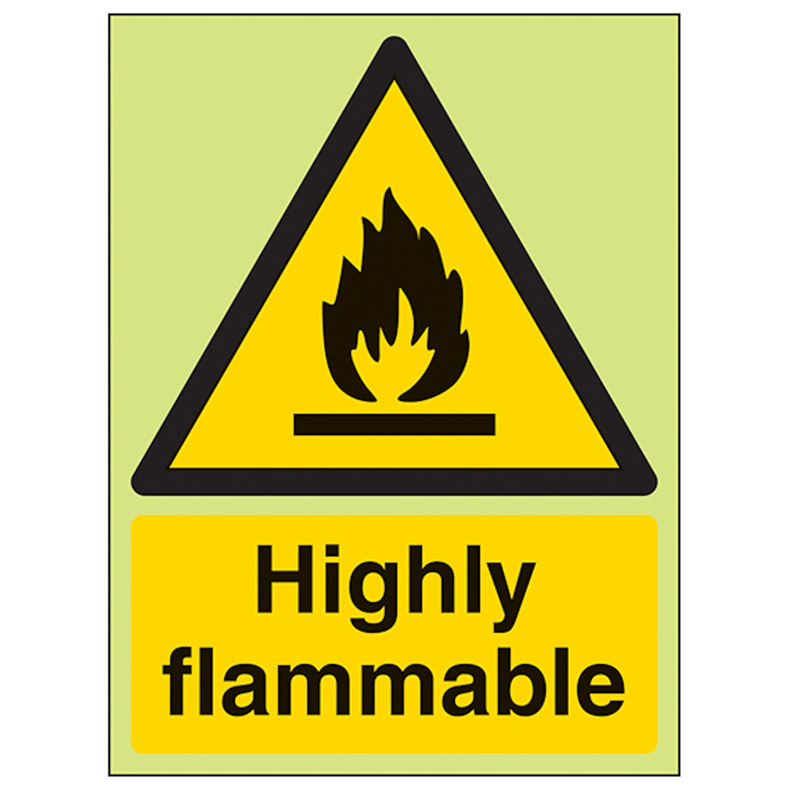 V Safety GITD Highly Flammable - Portrait 150 x 200 mm - Glow In The Dark Self Adhesive Vinyl Safety Sign