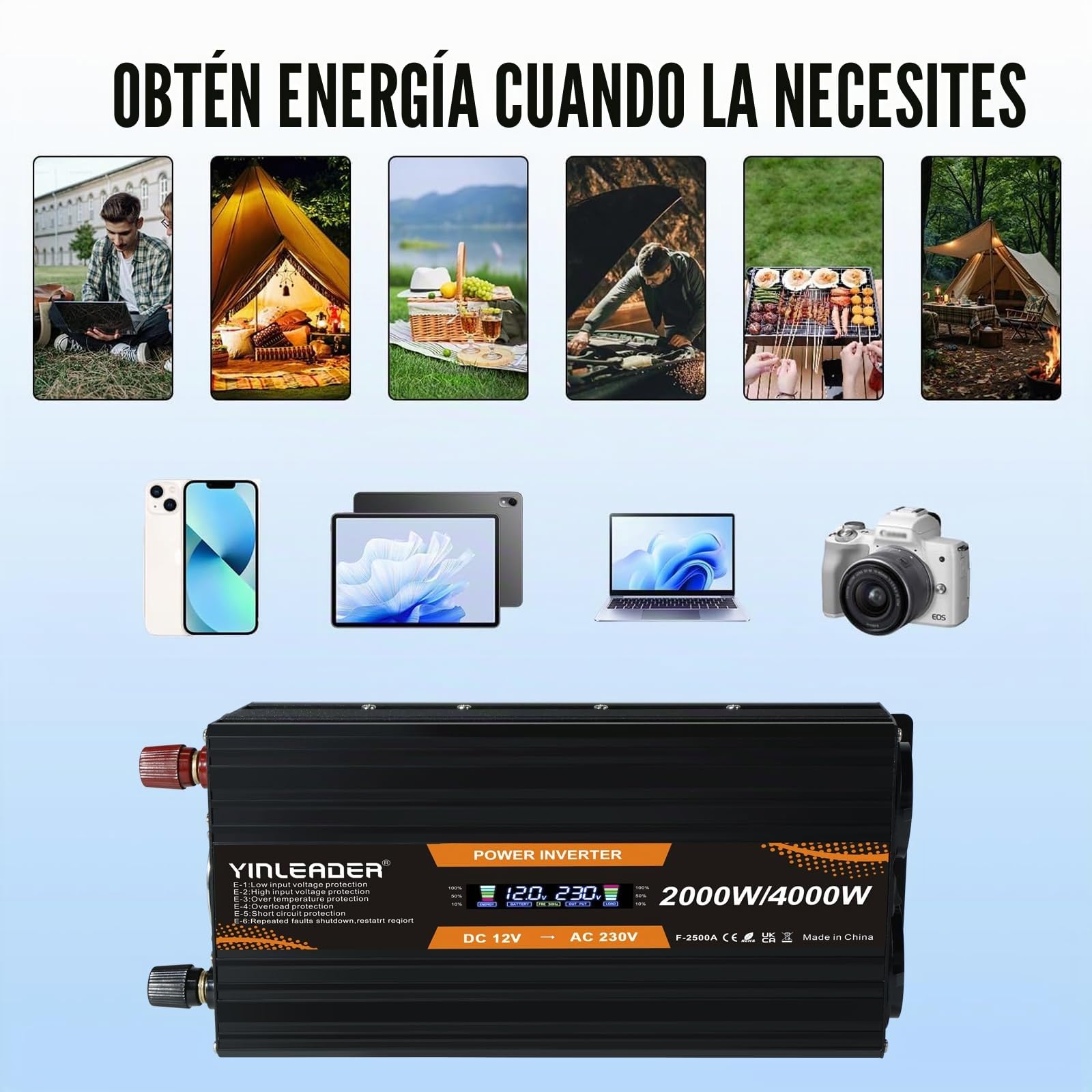 Yinleader - Convertidor de potencia (12 V, 220 V, 2000 W, 2000 W, convertidor de potencia, pantalla LCD, 2 tomas de CA para panel solar, coche VR