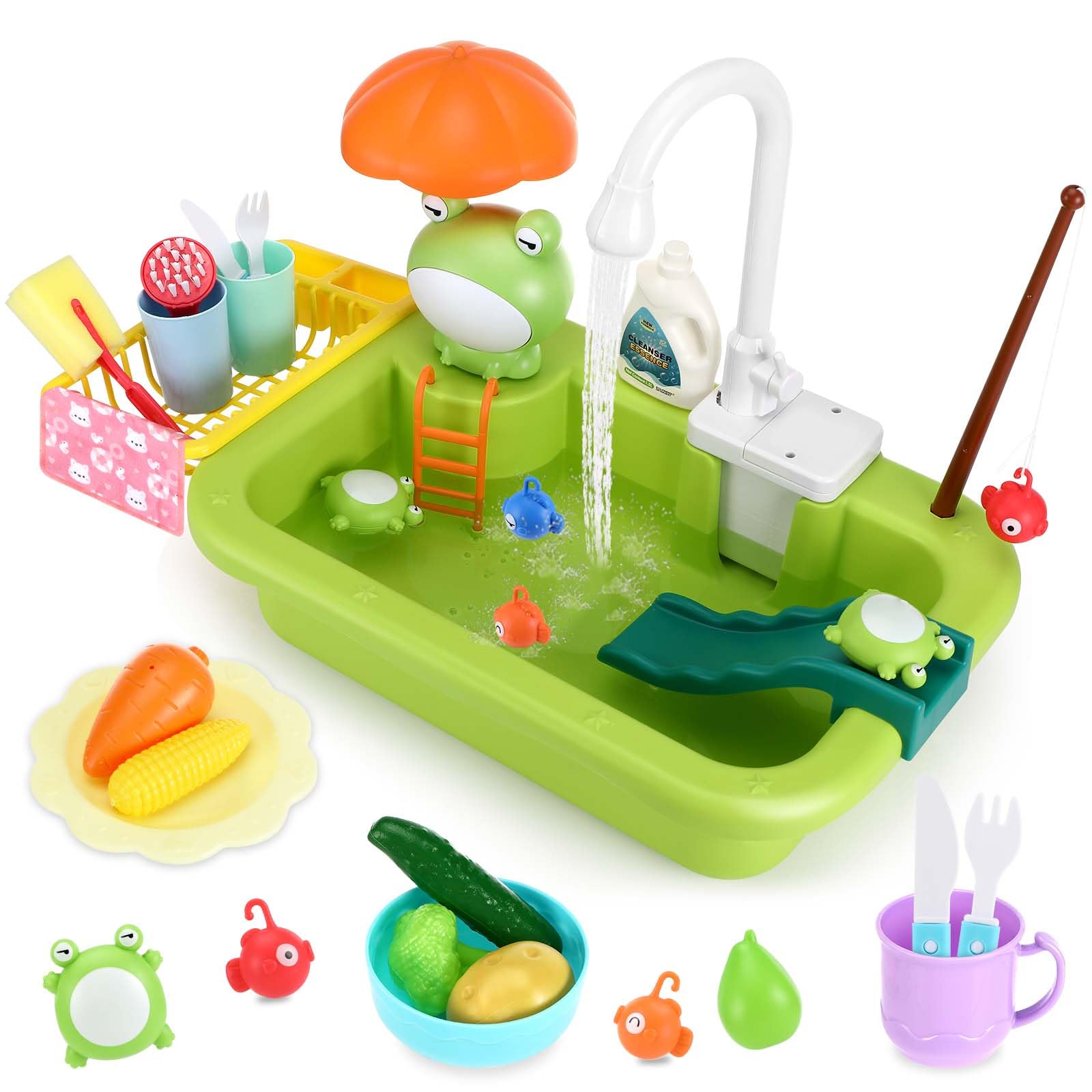 Spielspüle Spielzeug, 2 in 1 Kitchen Sink Toy Set mit Küchenspielzeugzubehör und Angelspiel, Waschbecken Kinder mit Wasserfunktion Geeignet als Geschenk für Jungen und Mädchen