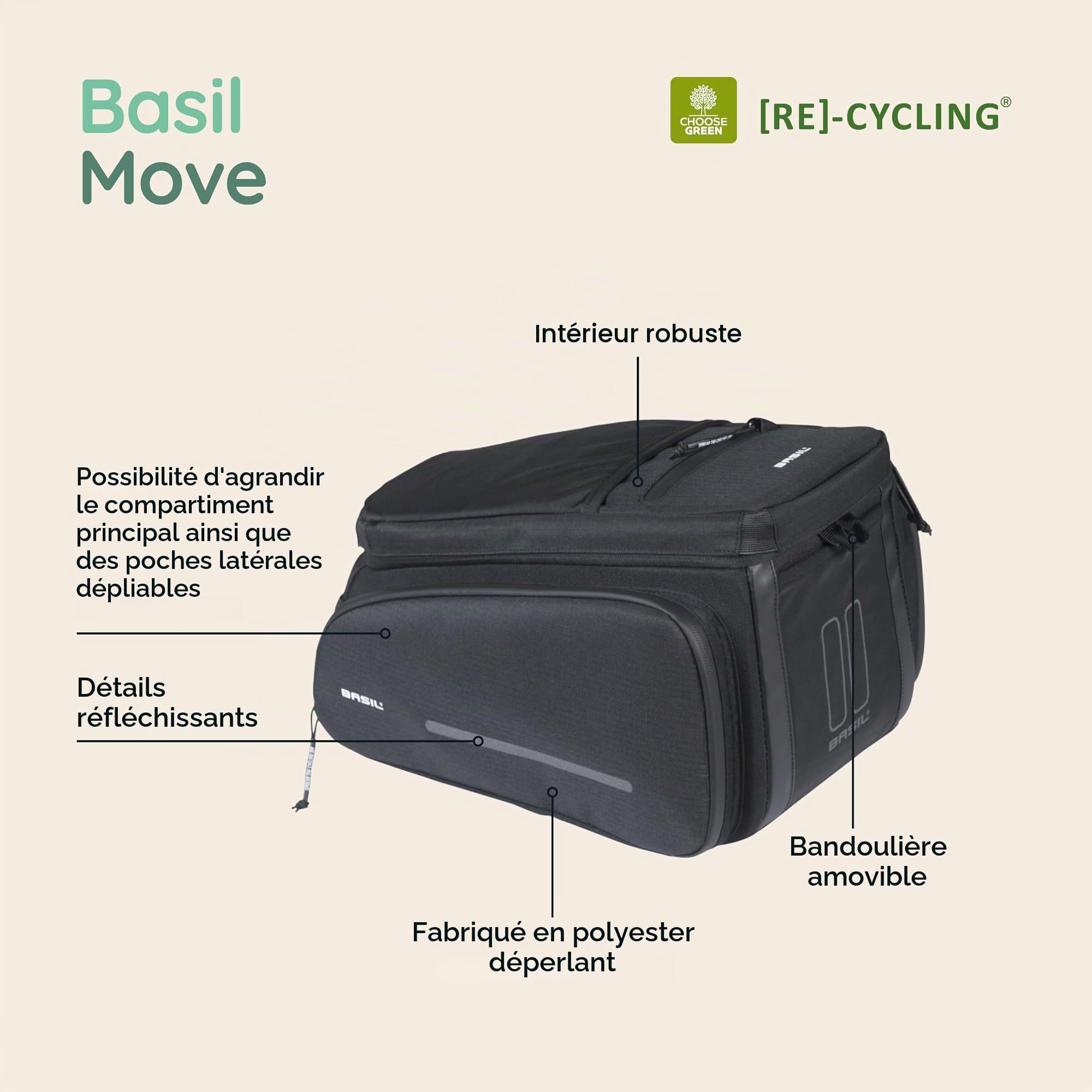 Basil Move MIK Sacoche pour Porte-Bagages 10-26 l, imperméable, Durable en Polyester recyclé, avec Plaque d'adaptation MIK verrouillable