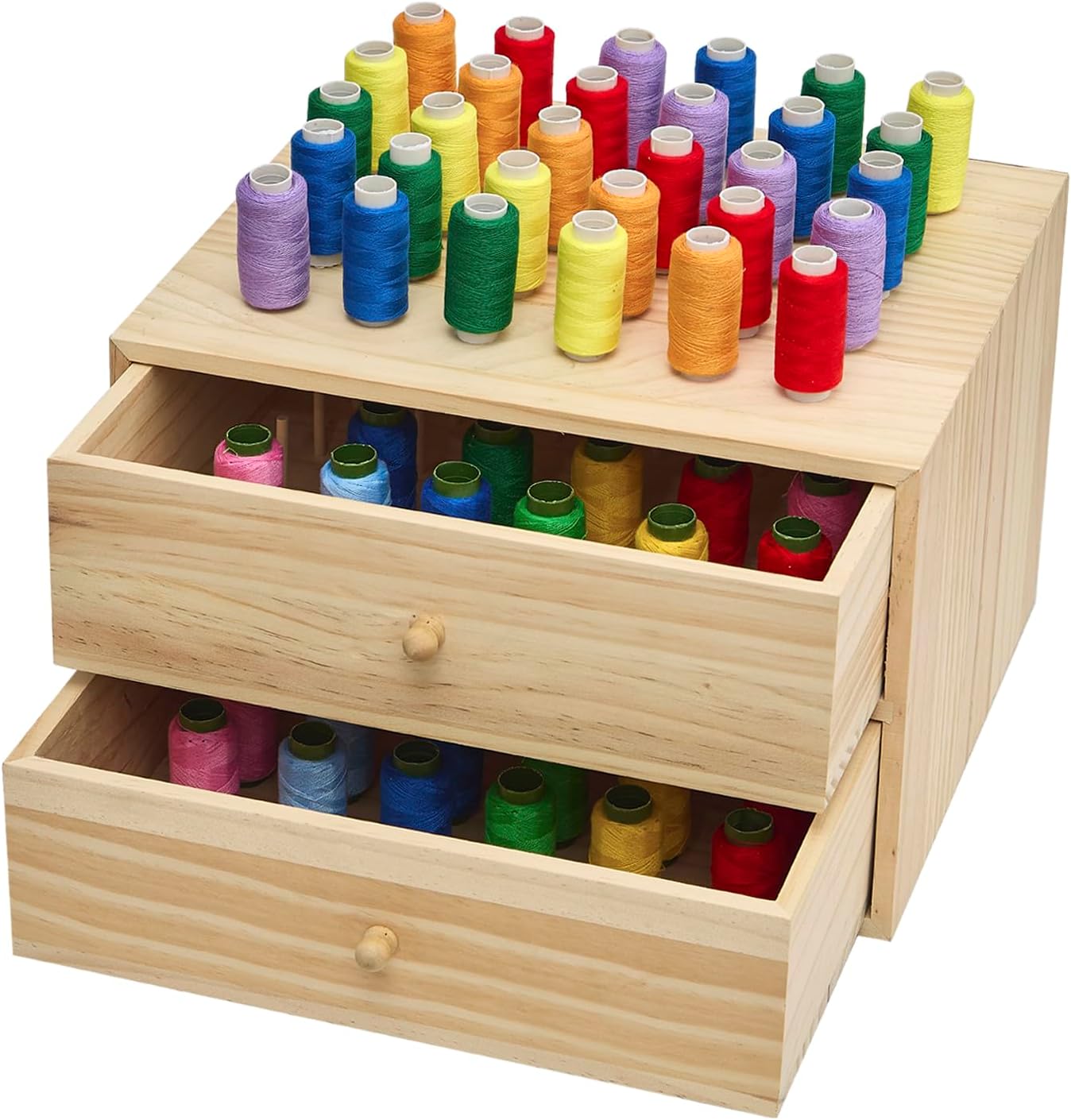 90 Spools Wooden Thread Box Thread Holder Sewing and Embroidery Thread Storage Box/Organizer for Sewing Drawer Spool Size Requirement: Height?3", Width?2.5",Top for Taller Spools