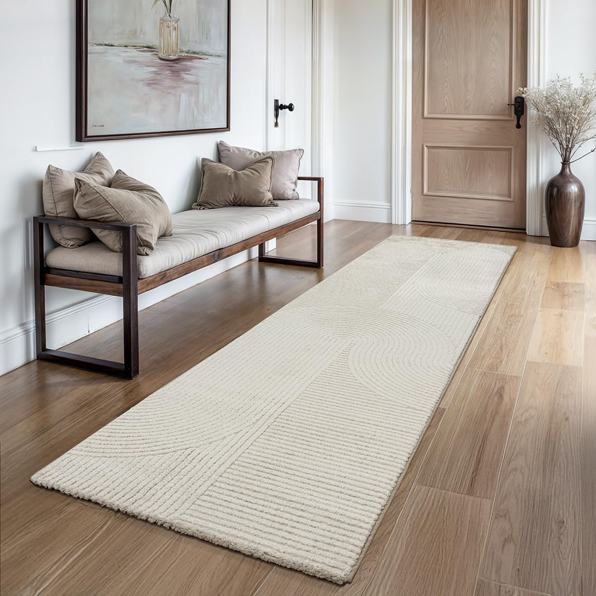 the carpet Everest - modern short pile with high-low effect, 3D effect, high pile density and pleasantly soft, Panglao design, cream, 80 x 300 cm โ image 1