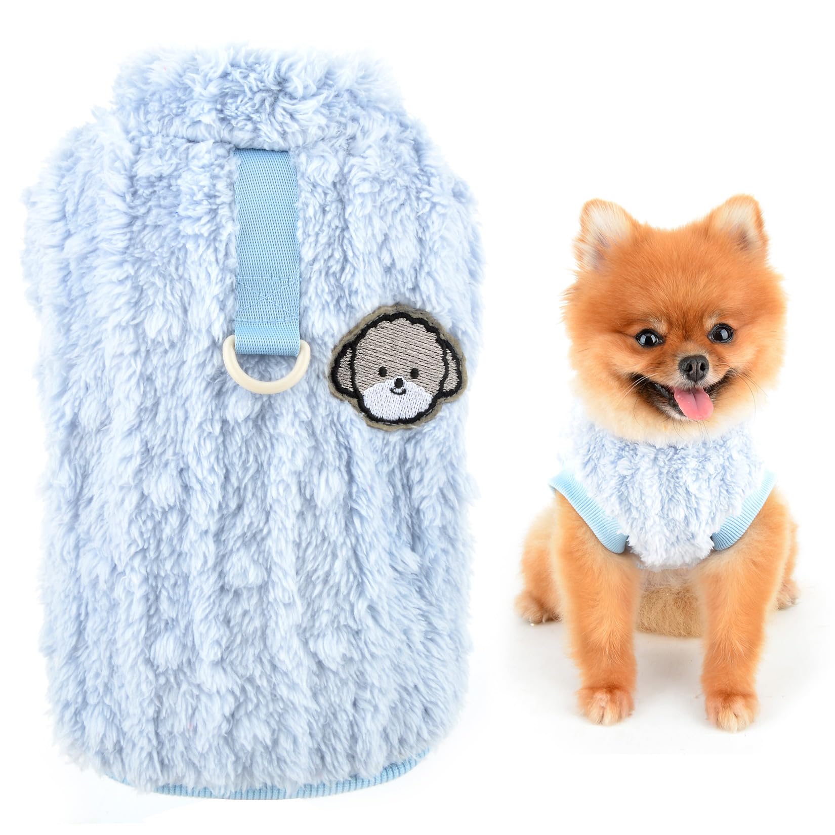 SMALLLEE_LUCKY_STORE Cute Sherpa Fleece Jumper for Small Dog Pet Warm Coat Soft Puppy Pullover with D-Ring Stretchy Sweatshirt Winter Autumn Yorkie Chihuahua Clothes,Blue,S
