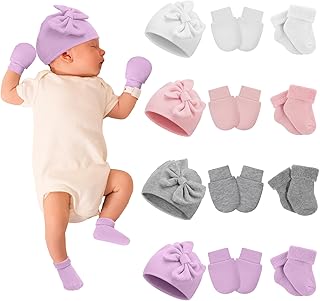 Toulite 4 Pack Preemie Baby Hats Mittens and Socks Set Premature Newborn Baby Girl Cotton Bow Knot Caps for Nicu Girl Boy