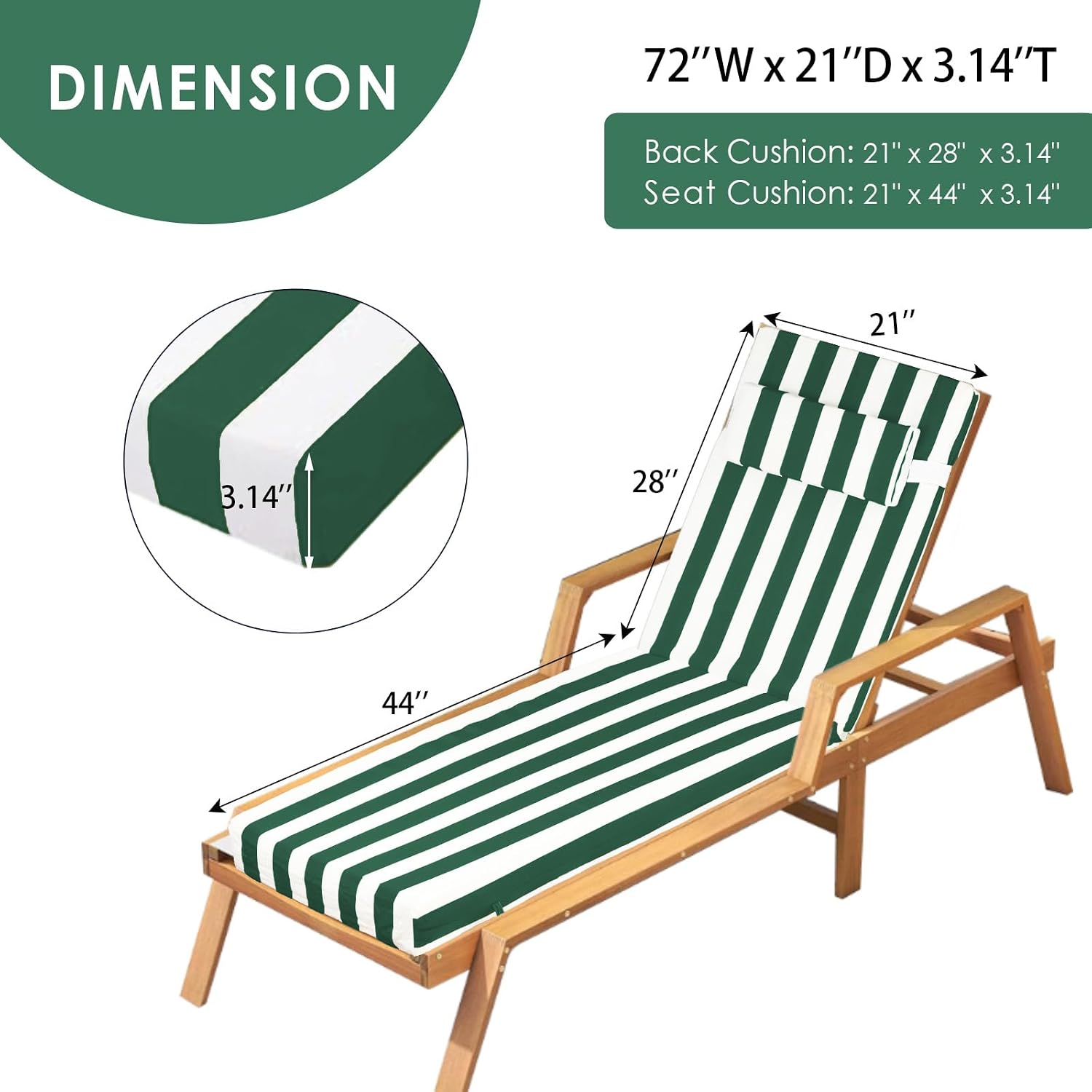 Chaise Lounge Cushions Outdoor, 72" x 21" x 3" Waterproof Memory Foam, Fade-Resistant & Reversible Patio Lounger Cushion Set for Patio & Pool (1, Striped Green & White, 72x21x3.14in)