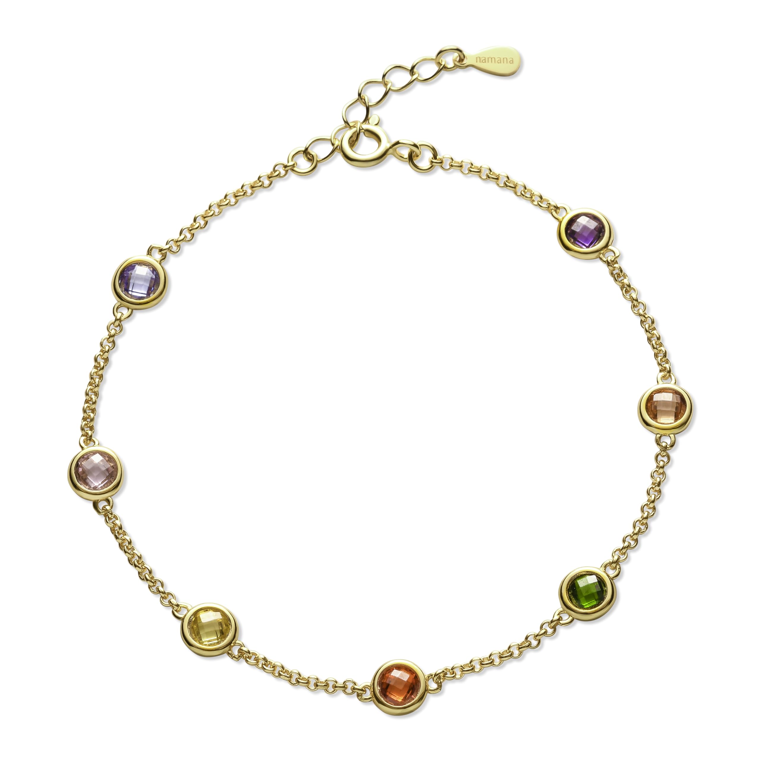 namana Zartes Charm-Armband Damen 925 Silber oder vergoldet – Feines Armband mit farbigen Zirkonia-Steinen, elegantes Schmuckstück für Frauen und Mädchen, edles Design, Geschenk im Etui