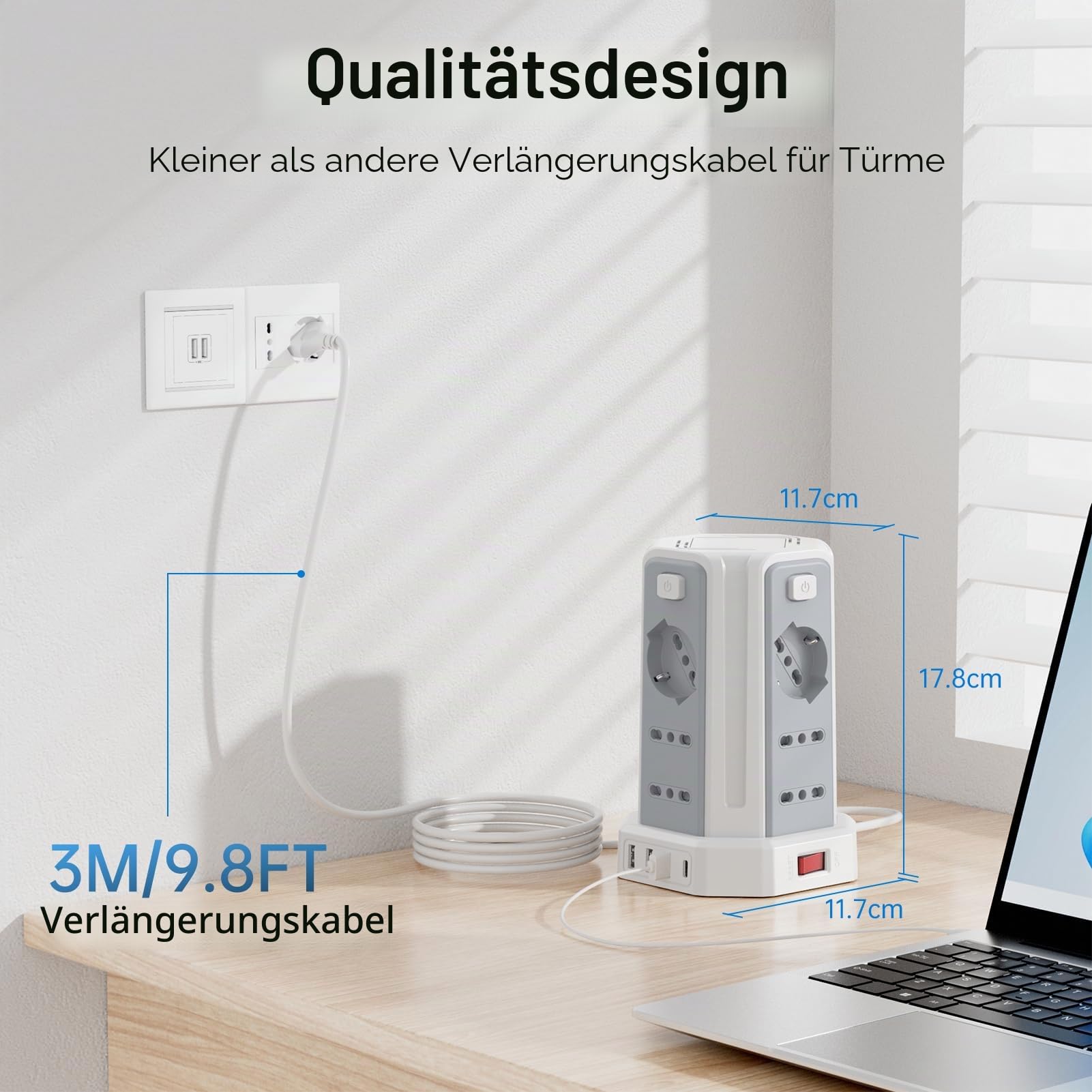 Steckdosenleiste mit 12 Universalsteckdosen ITA 10/16A und Schuko und 3 USB A+1 USB C Überspannungsschutz mit 4 unabhängigen Schaltern, Weiß