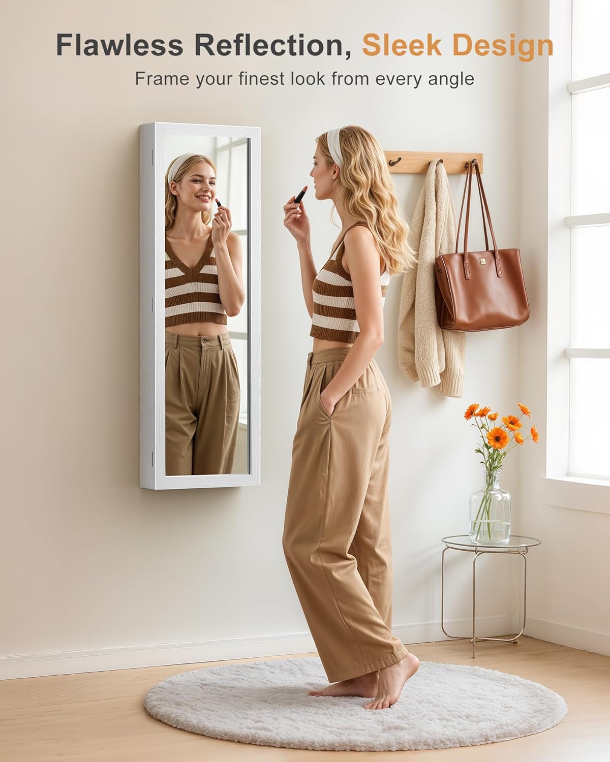 Nicetree 6 LEDs Mirror Jewelry Cabinet, Large Capacity Lockable Jewelry Armoire Organizer, Door or Wall Mounted Mirror with Jewelry Storage, Christmas Gifts, White - Image 2