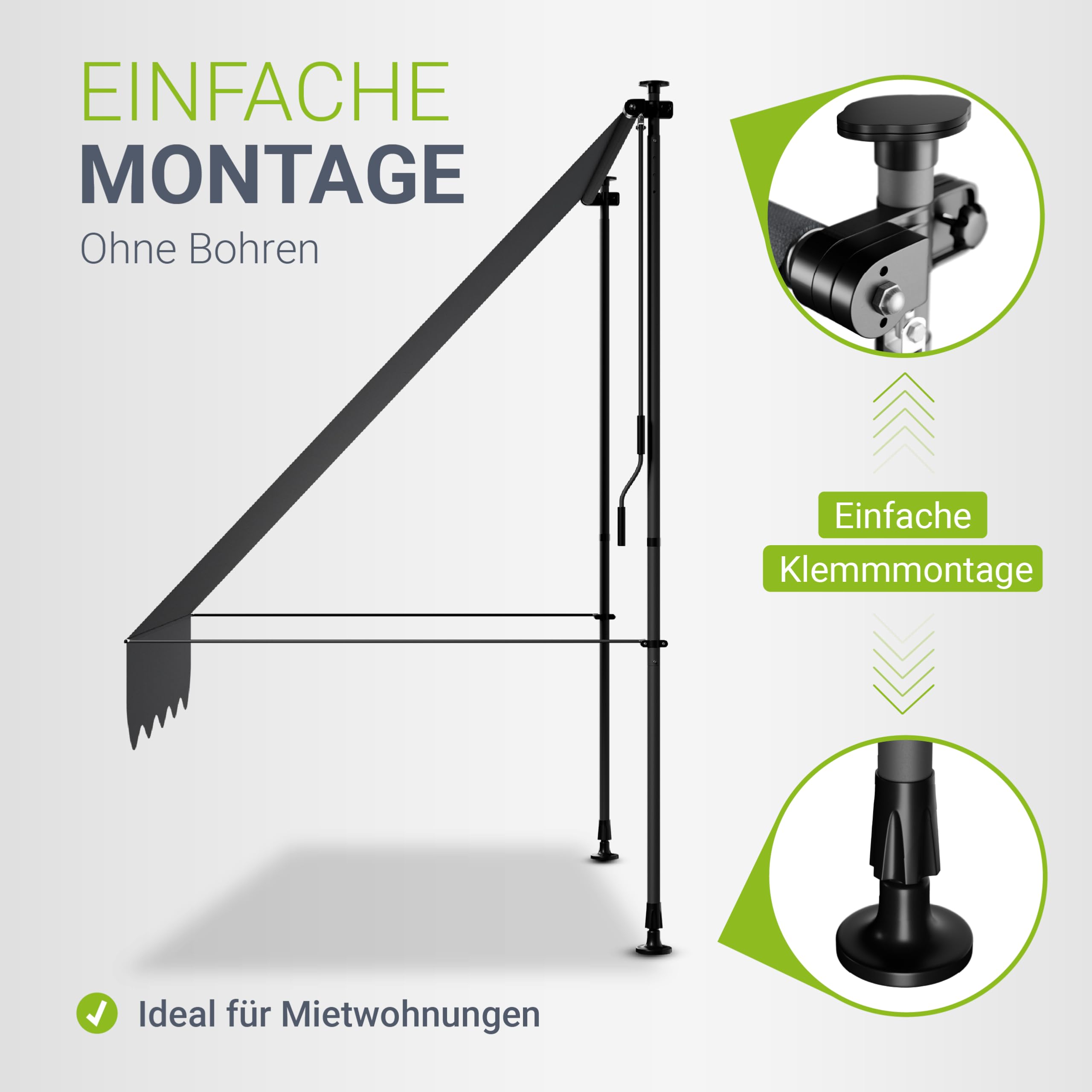 Juskys® Klemmmarkise Kapstadt 150x120 cm - Höhenverstellbar & UV-beständig - Balkon & Terrasse - Wetterfest & Sichtschutz - Terrassenüberdachung Grau
