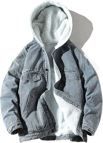 Mens Fleece Hoodie Jean Jacket Sherpa Lined Denim Hood Jackets Casual Slim Fit Trucker Cowboy Coat