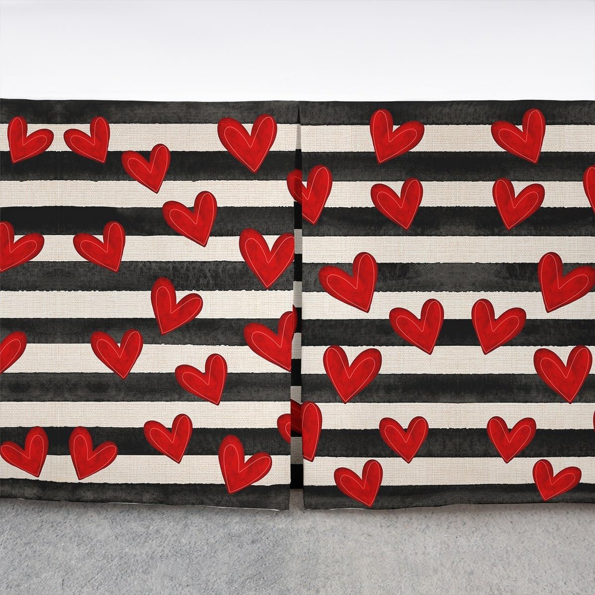 Valentine's Day Bed Skirt King Size,Love Heart Valentine's Day Bedskirt 3pcs for Girls Women Room Decor,Geometric Stripes Patchwork Bed Wrap Bedding,Red Black Retro Fitted Sheet,2 Pillowcases