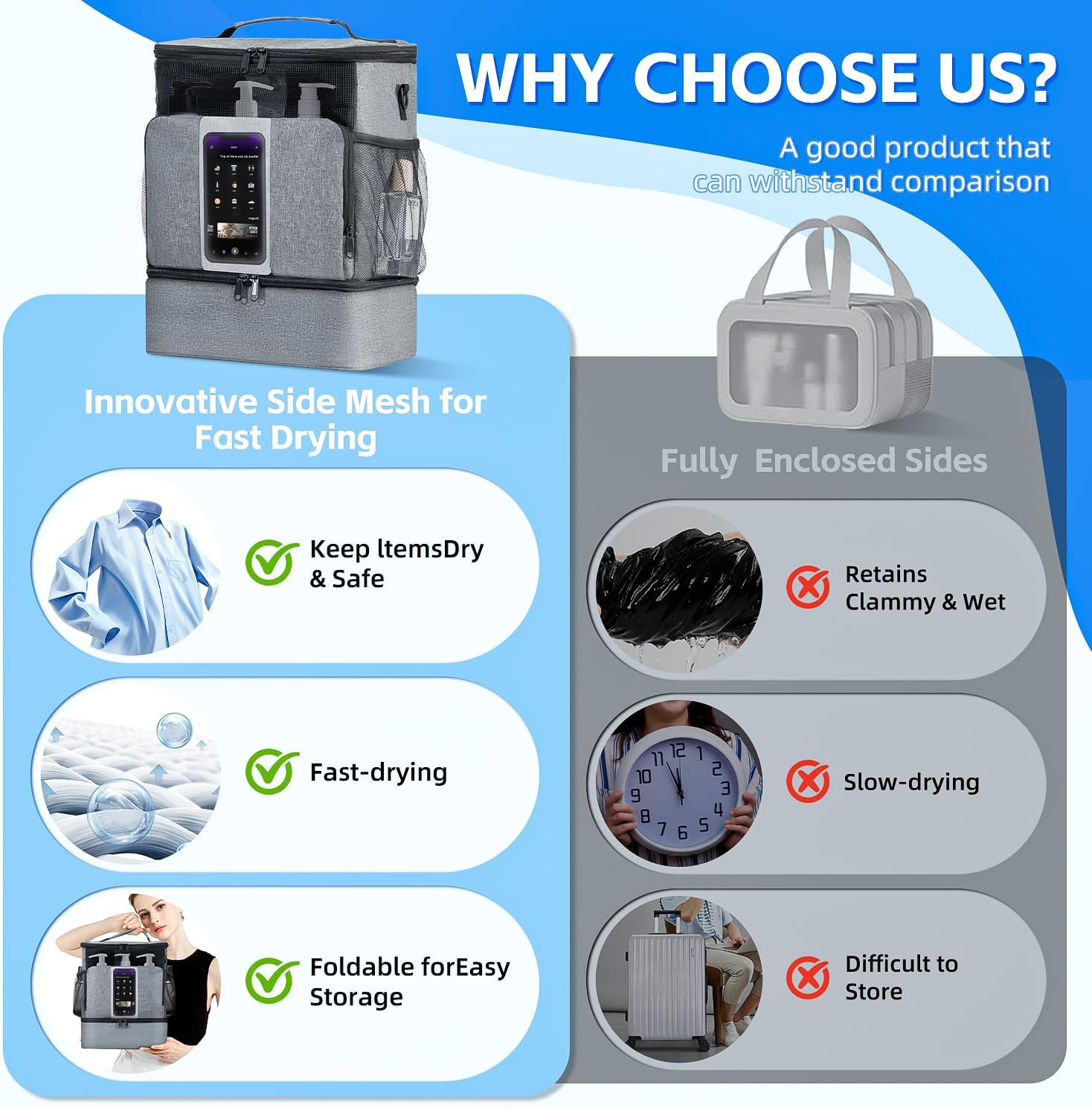 Grey Portable Mesh Shower Organizer – Hanging Toiletry Bag with Handles & Strap, Quick-Dry for Bathroom, Gym, Travel, Camping & College Dorms