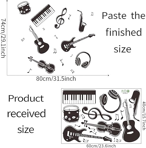 Miniatura 5 de Calcomanías de pared de instrumentos musicales en blanco y negro, calcomanías de pared, sacinora Guitarra Violín, Violín, Saxofón, Nota Musical,